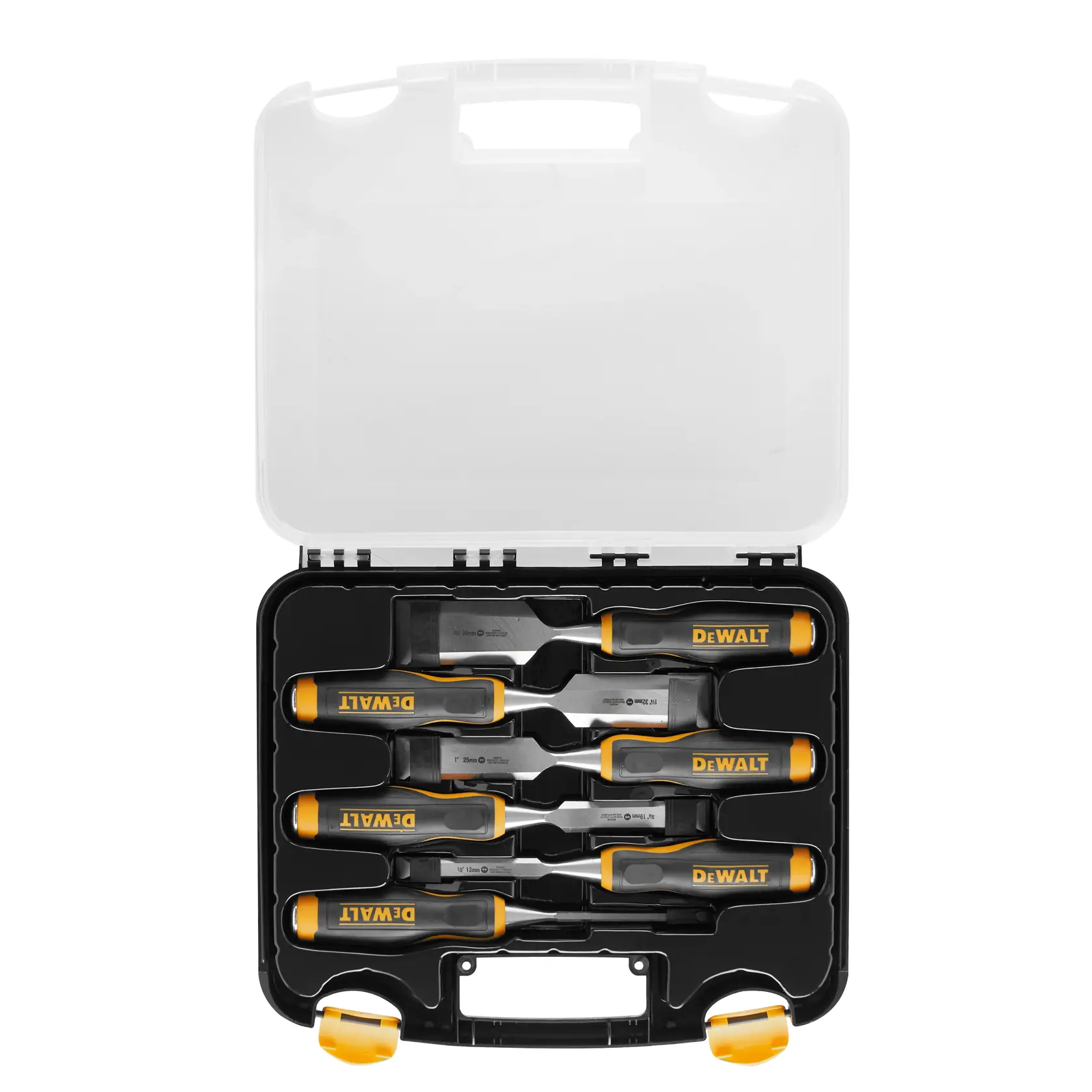 Set of six DEWALT chisels with yellow handles in a black and clear plastic carrying case.