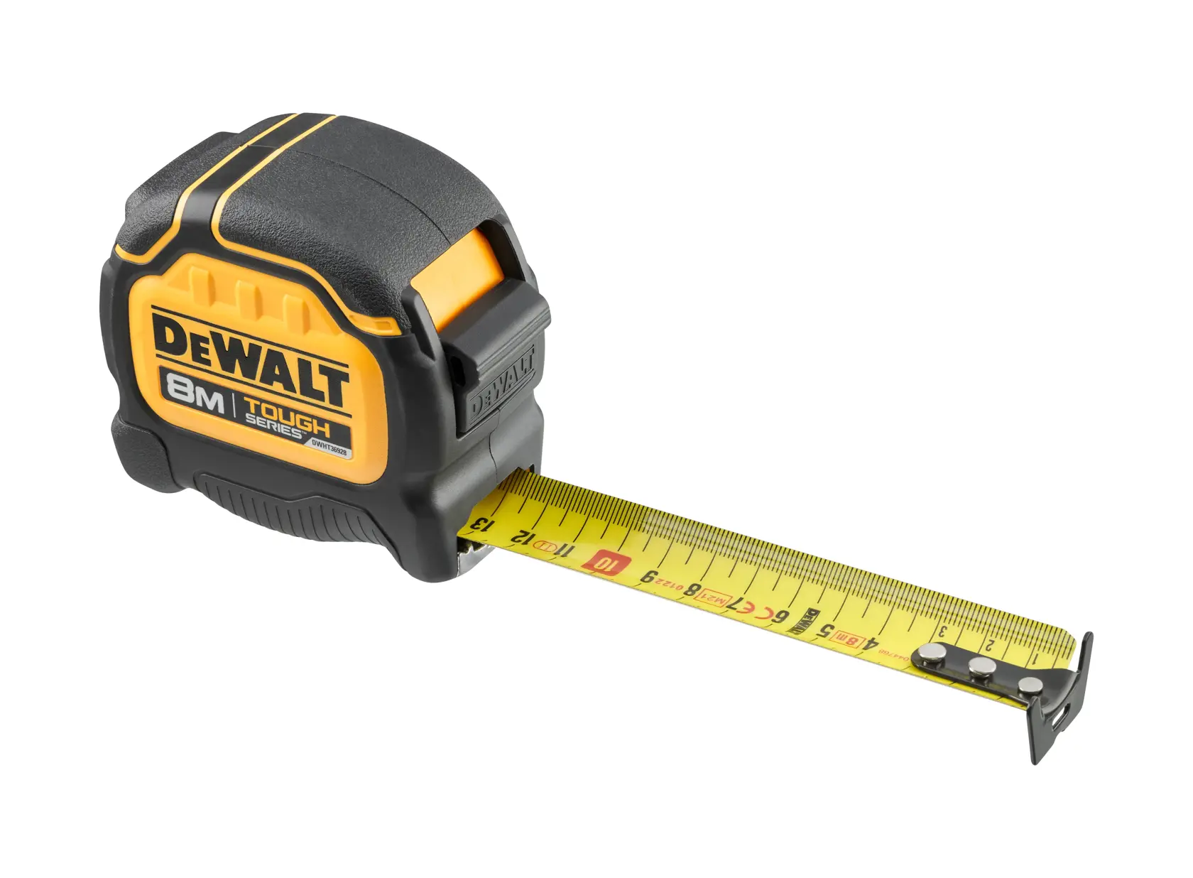 Cinta métrica DEWALT Tough Series 8m amarilla con carcasa negra, parcialmente extendida.