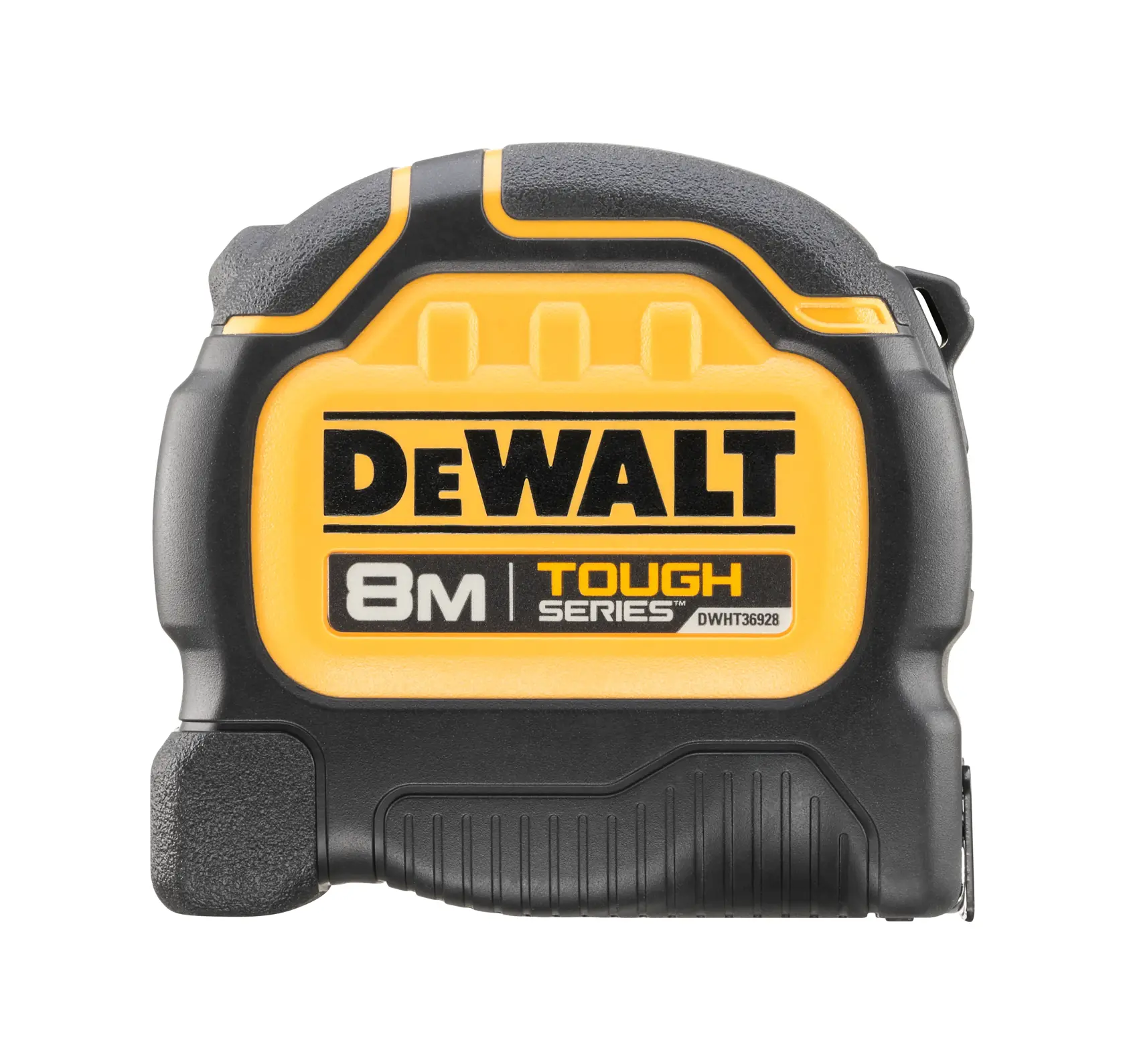 Cinta métrica DEWALT Tough Series 8M, amarilla y negra, para construcción y medidas precisas.