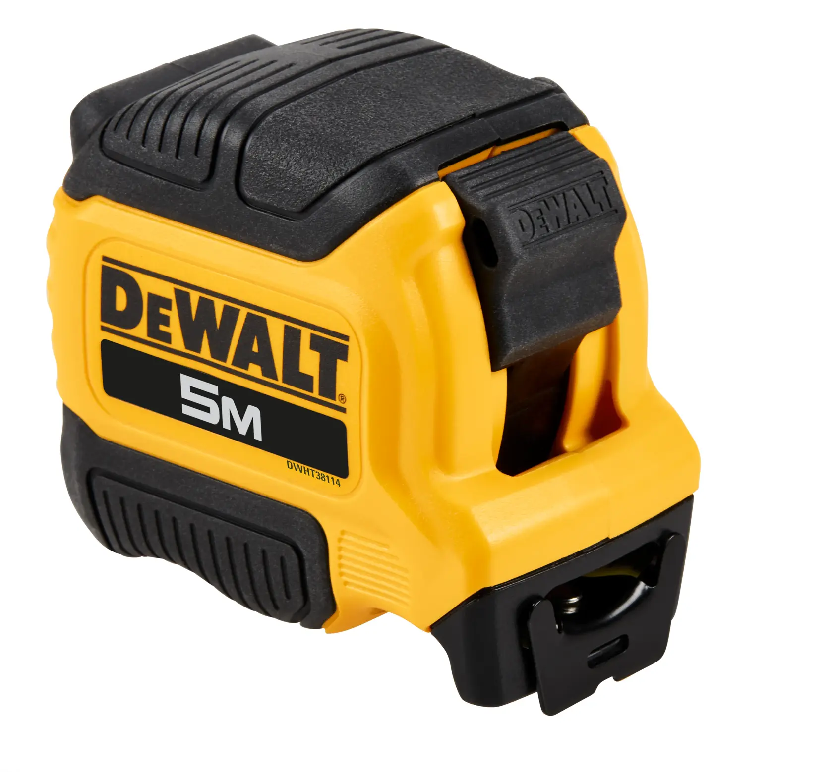 Una cinta métrica DEWALT de 5 metros en color amarillo y negro con una carcasa resistente, diseñada para la durabilidad.