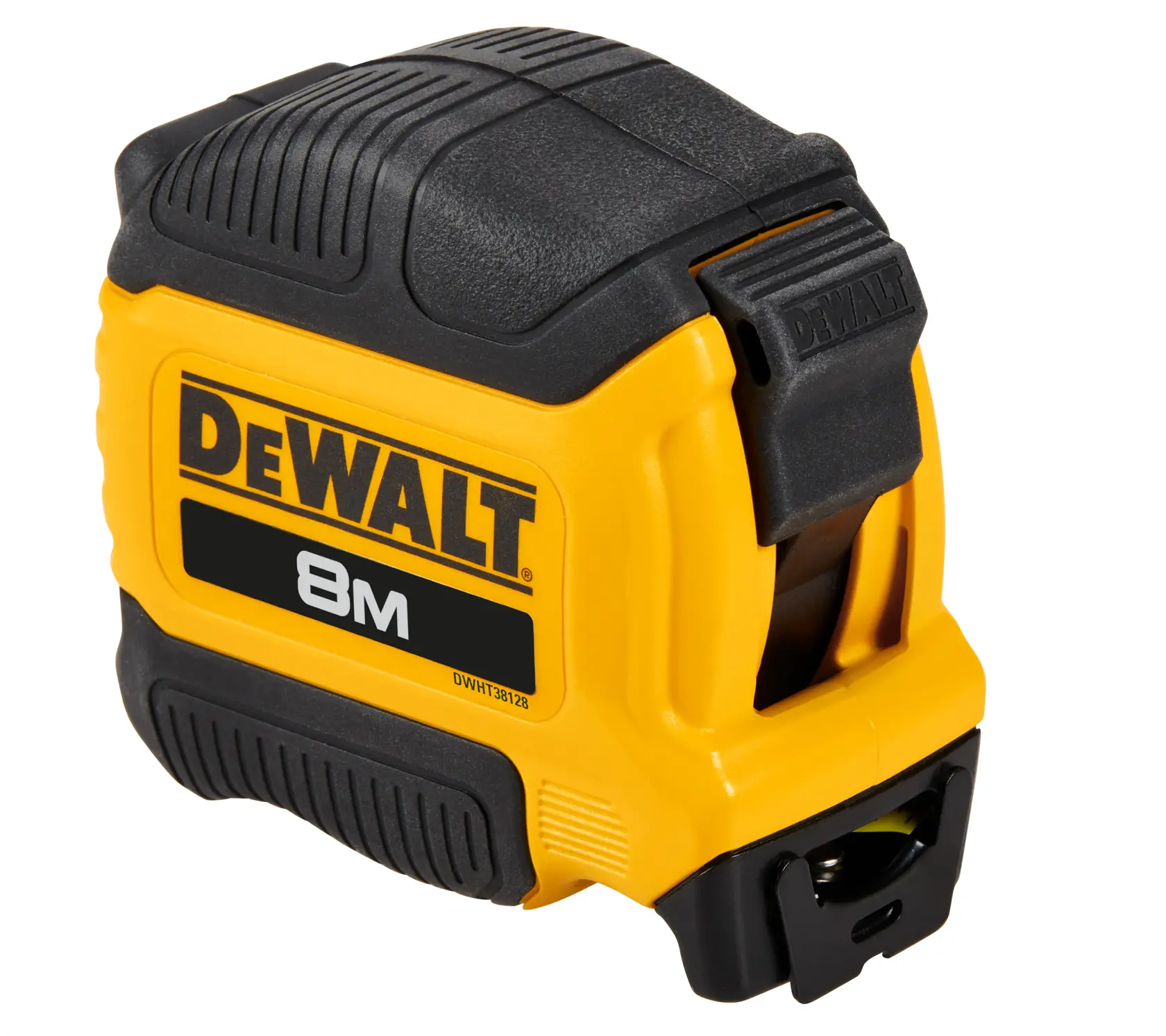 Vista de cerca de una cinta métrica DEWALT de 8 metros, con carcasa amarilla y negra y la referencia DWHT38128.