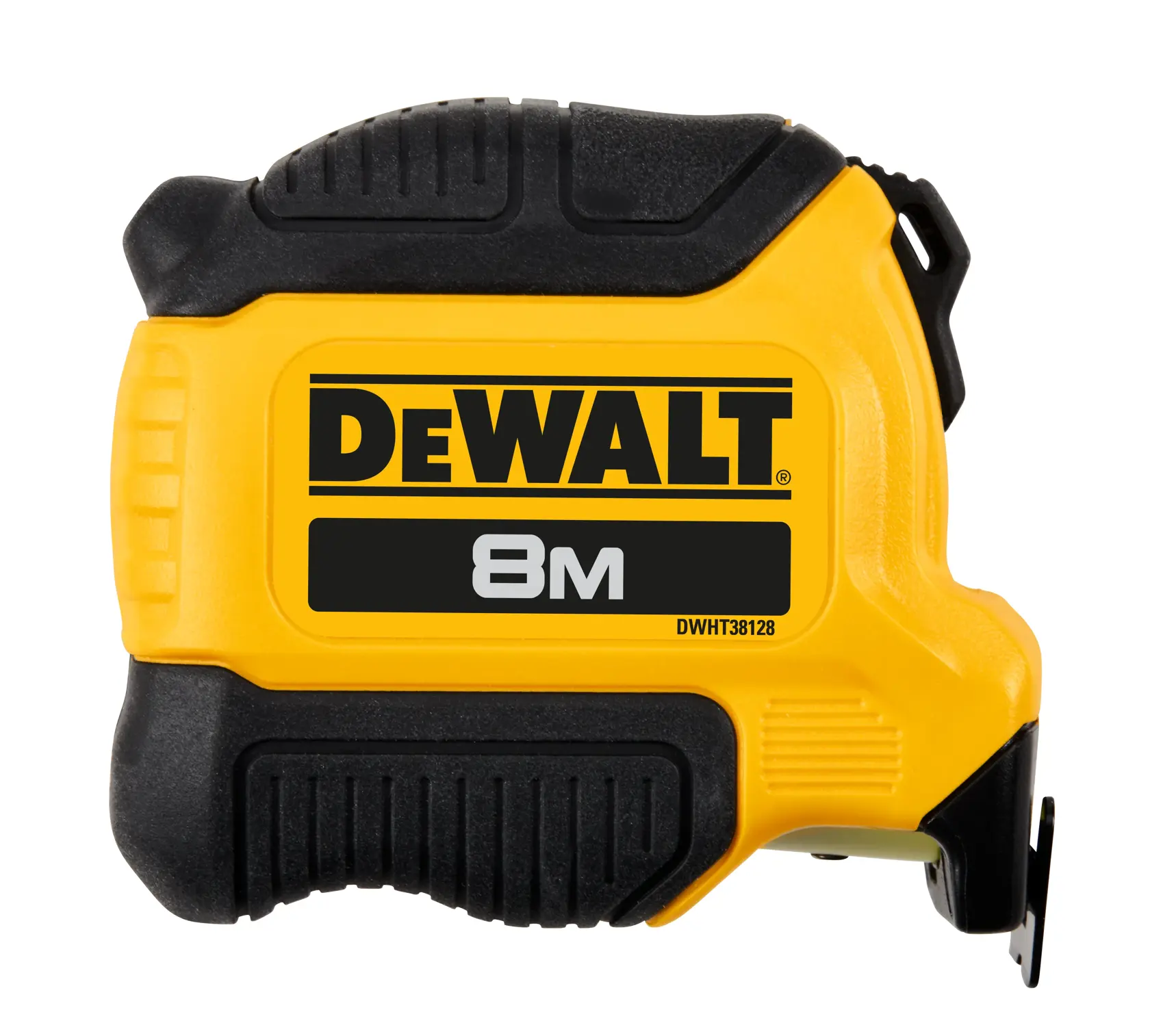 Una cinta métrica DEWALT amarilla y negra de 8 metros con una carcasa resistente, modelo DWHT38128.