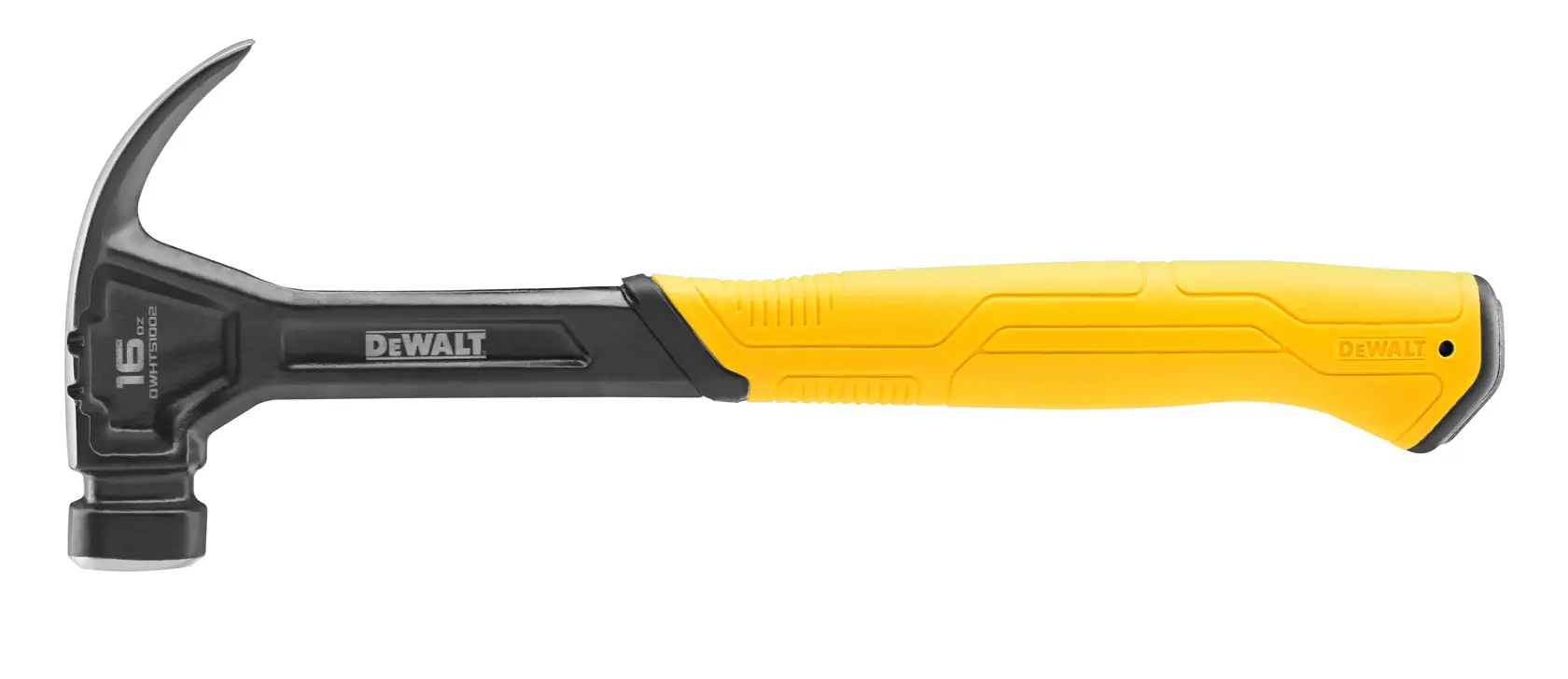 Un martillo de uñas DEWALT con mango amarillo y negro, mostrado sobre un fondo blanco.