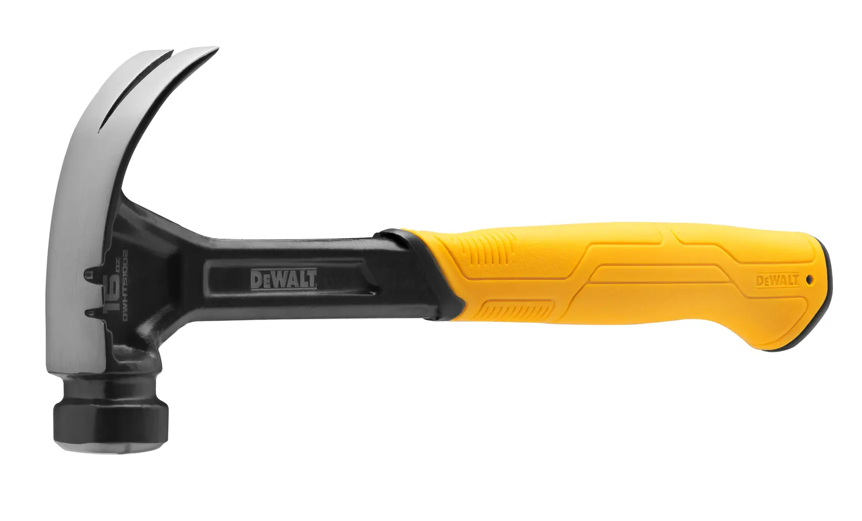 Un martillo de garra DEWALT con mango negro y amarillo, diseñado para tareas de construcción y carpintería.