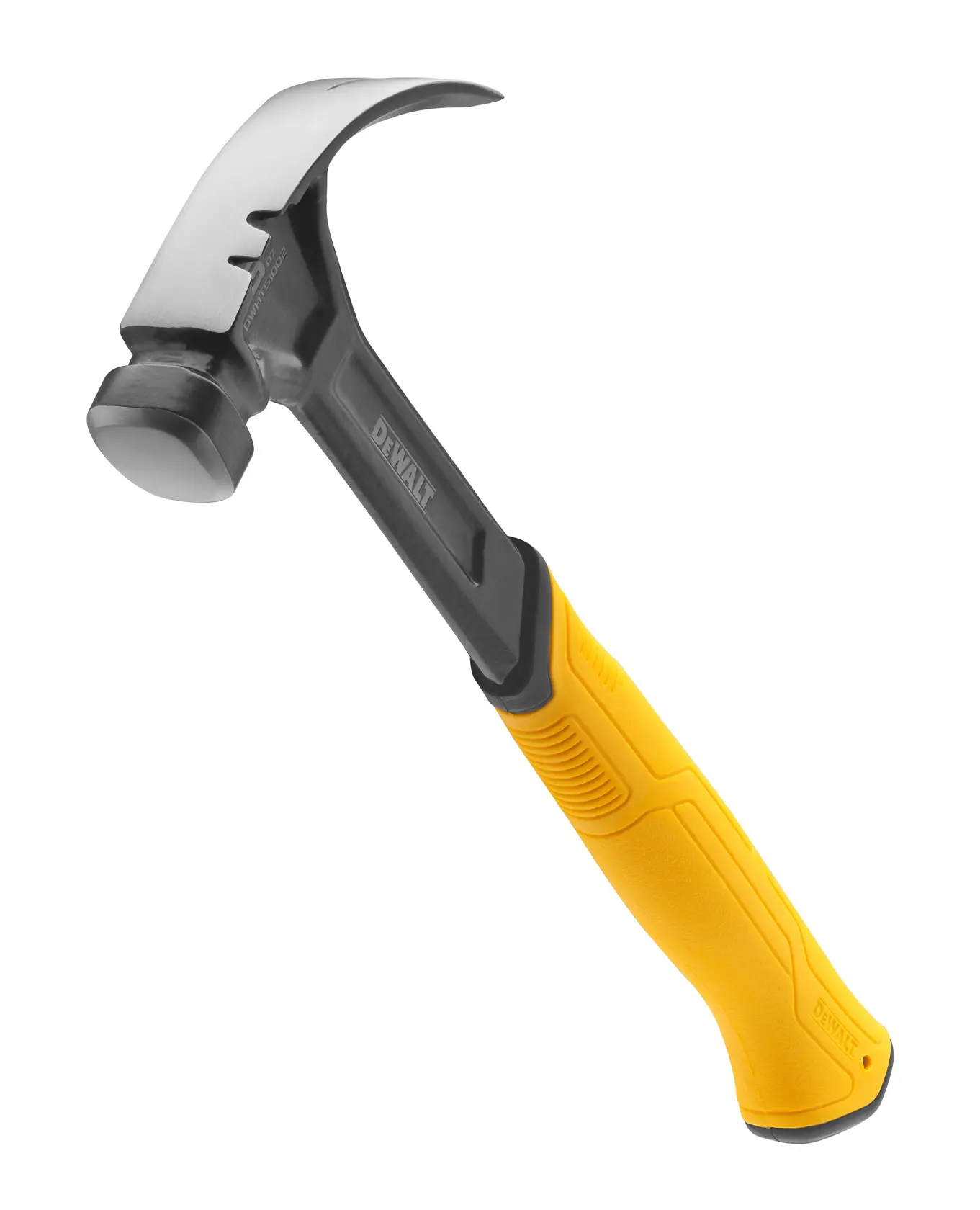 Un martillo de garra DEWALT con cabeza de metal negro y mango ergonómico amarillo, mostrado sobre un fondo blanco.