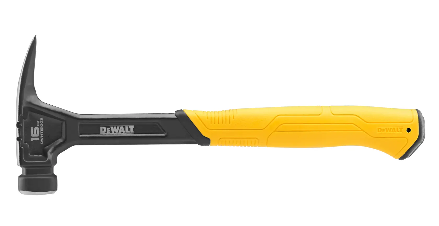 A DEWALT claw hammer with a yellow and black handle, featuring a 16 oz head, shown against a white background.