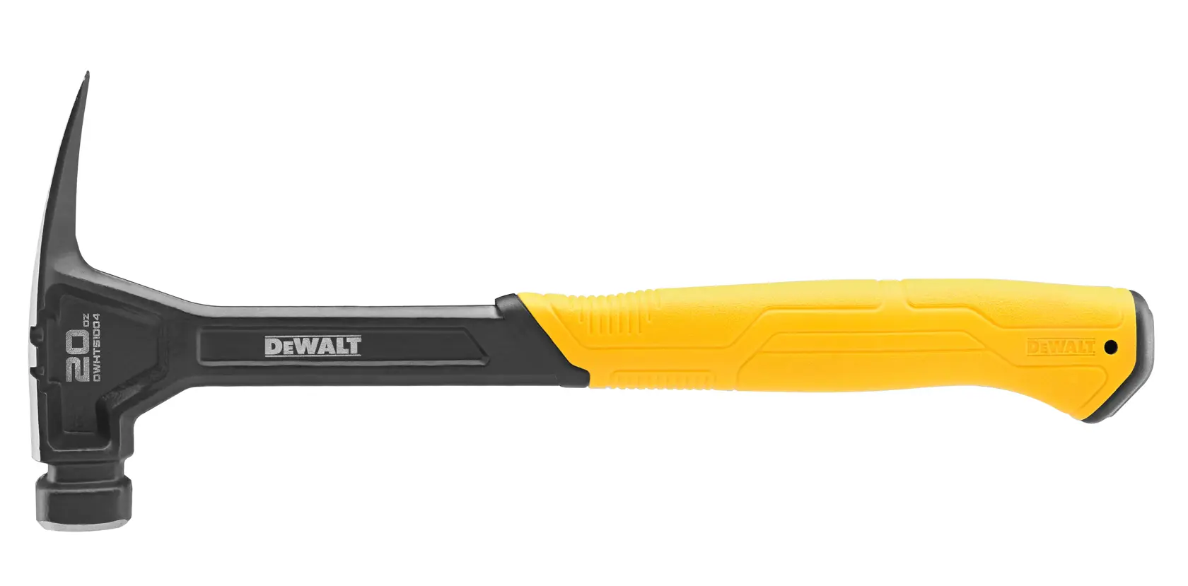 Un martillo de garra DEWALT con cabeza de metal negro y mango ergonómico amarillo, mostrado sobre un fondo blanco.