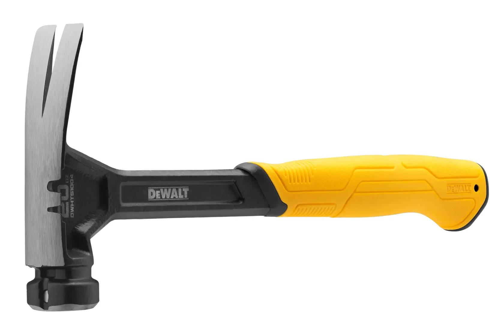 Un martillo de garra DEWALT con mango ergonómico amarillo y negro, mostrado sobre un fondo blanco.