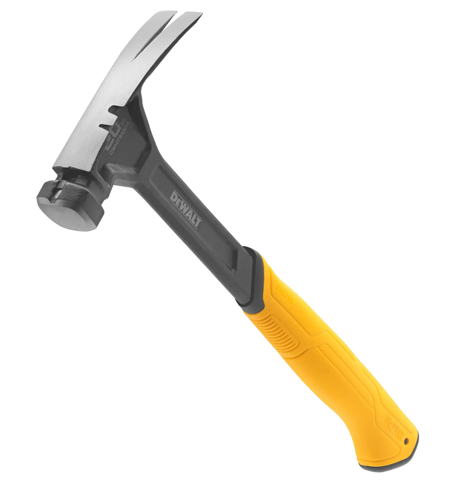 Un martillo de uñas DEWALT con cabeza de metal negra y mango ergonómico amarillo.