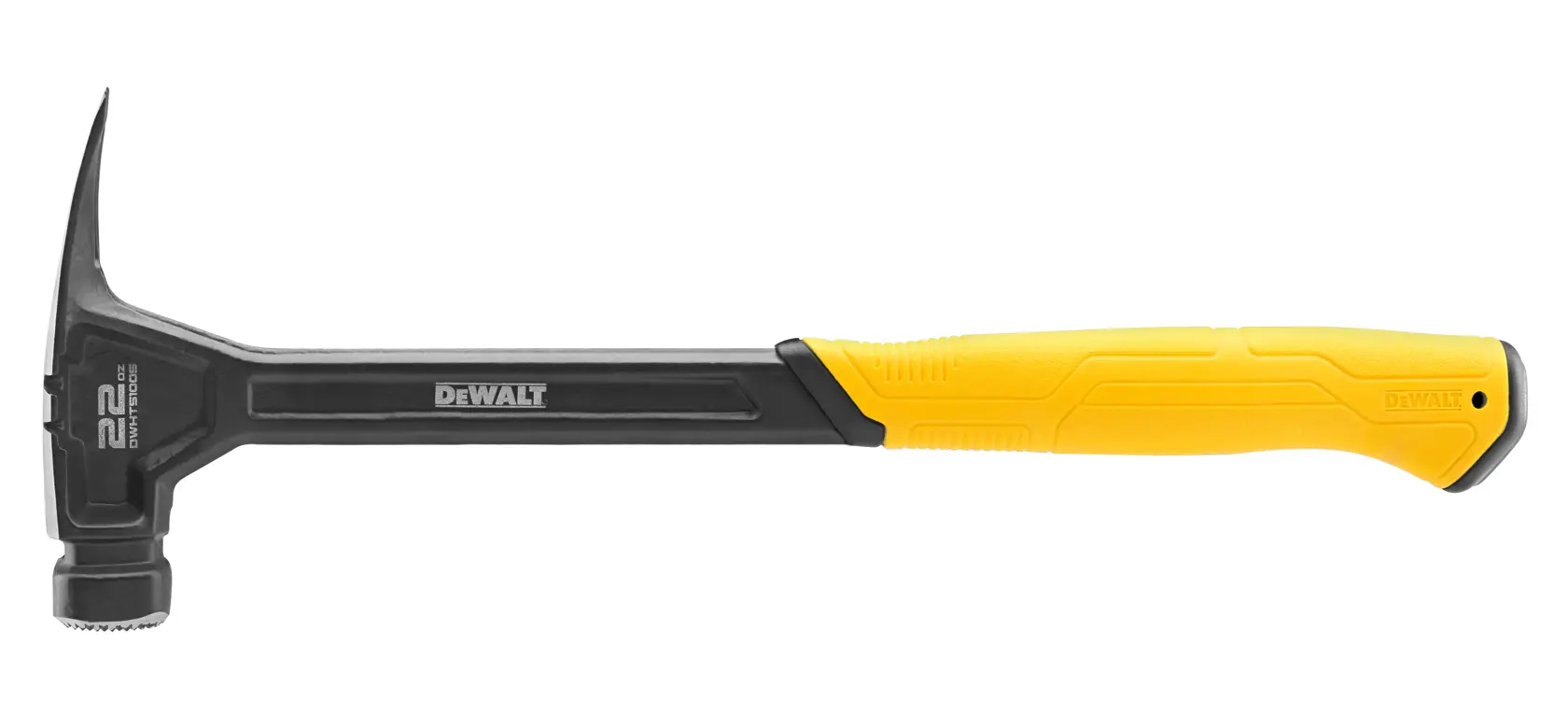 Ein DEWALT Klauenhammer mit schwarzem Kopf und gelbem ergonomischem Griff, entwickelt zum Einschlagen und Herausziehen von Nägeln.