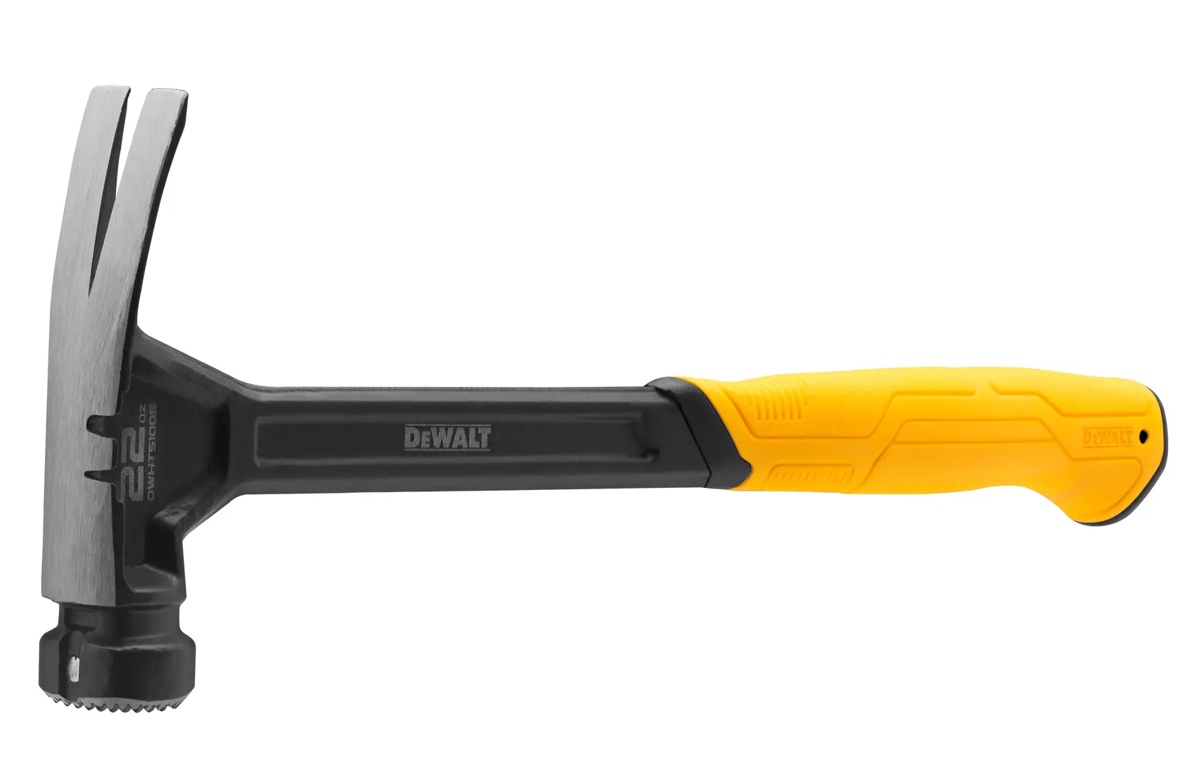 Ein DEWALT-Klauenhammer mit gelb-schwarzem Griff, seitlich auf weißem Hintergrund dargestellt.