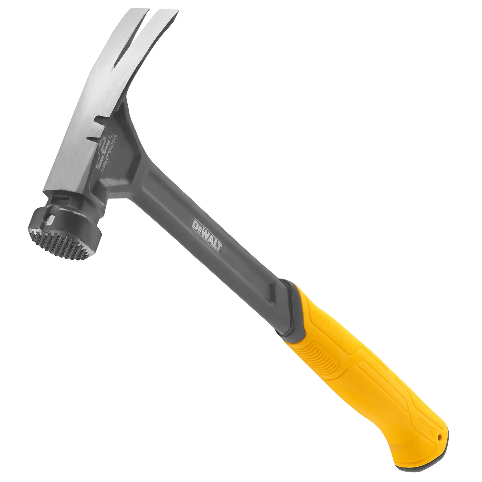 Ein DEWALT-Klauenhammer mit ergonomischem gelbem Griff und einem schwarz-silbernen Metallkopf, entwickelt für schwere Bauarbeiten.