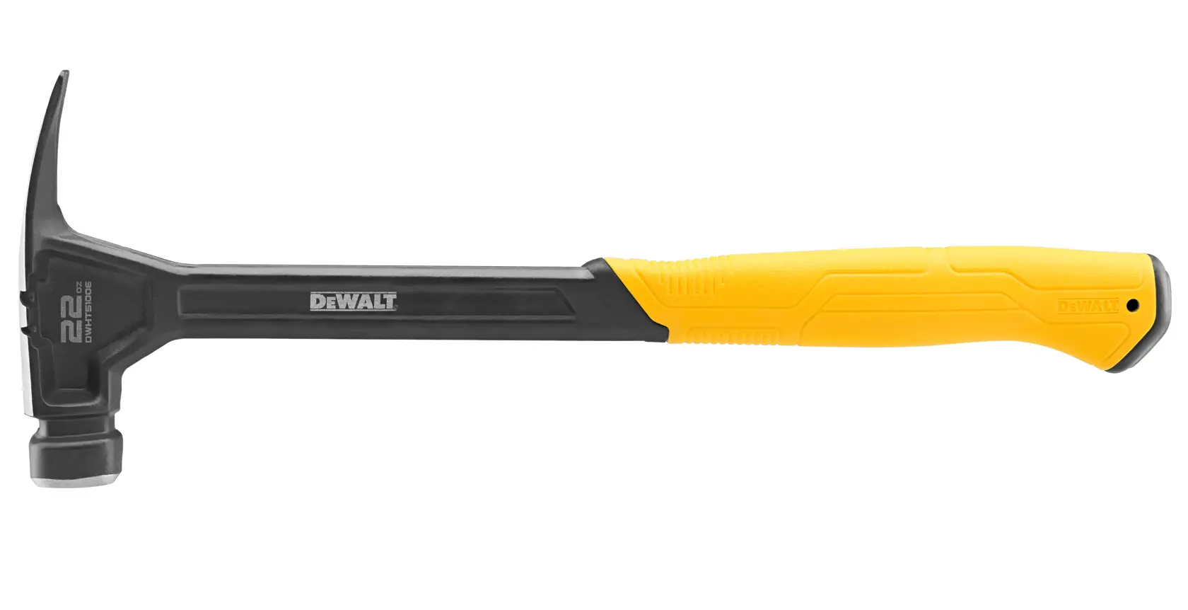 A DEWALT claw hammer with a black metal head and shaft, and a yellow ergonomic handle. The hammer is positioned horizontally with the claw on the left and the handle on the right.