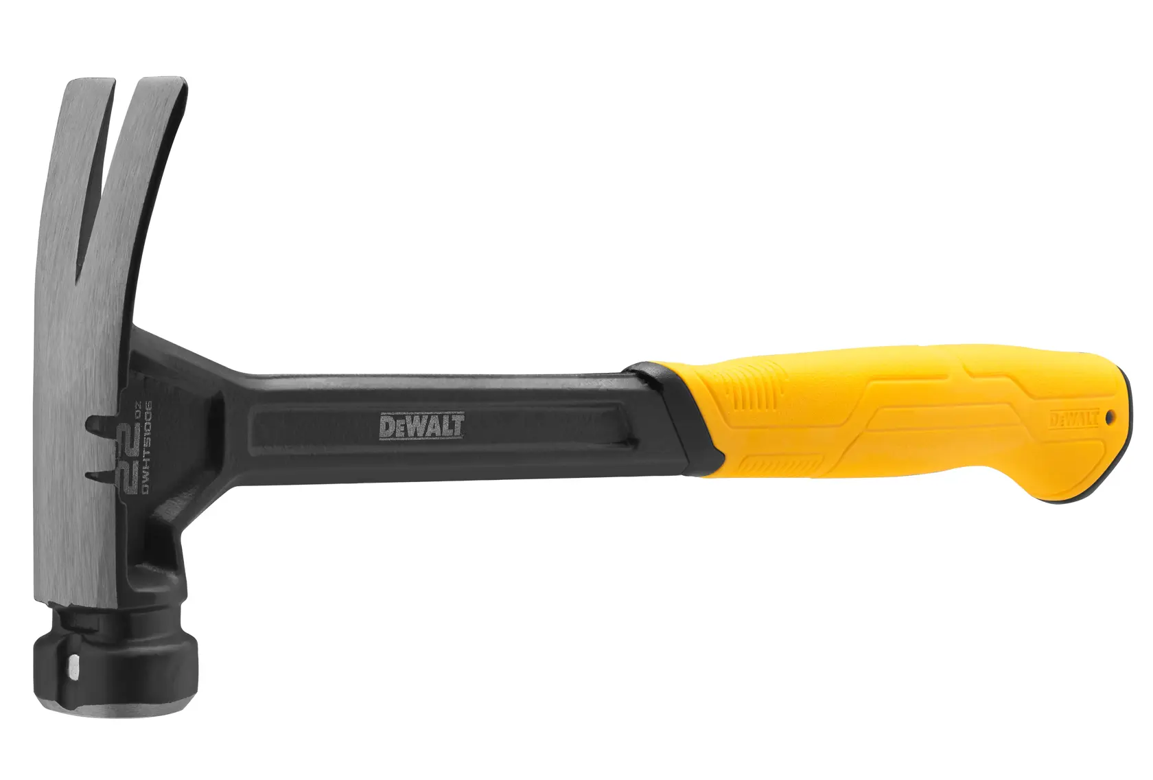 A DEWALT claw hammer with a black head and handle, featuring a yellow grip. The claw design is used for removing nails and the handle is ergonomically shaped.