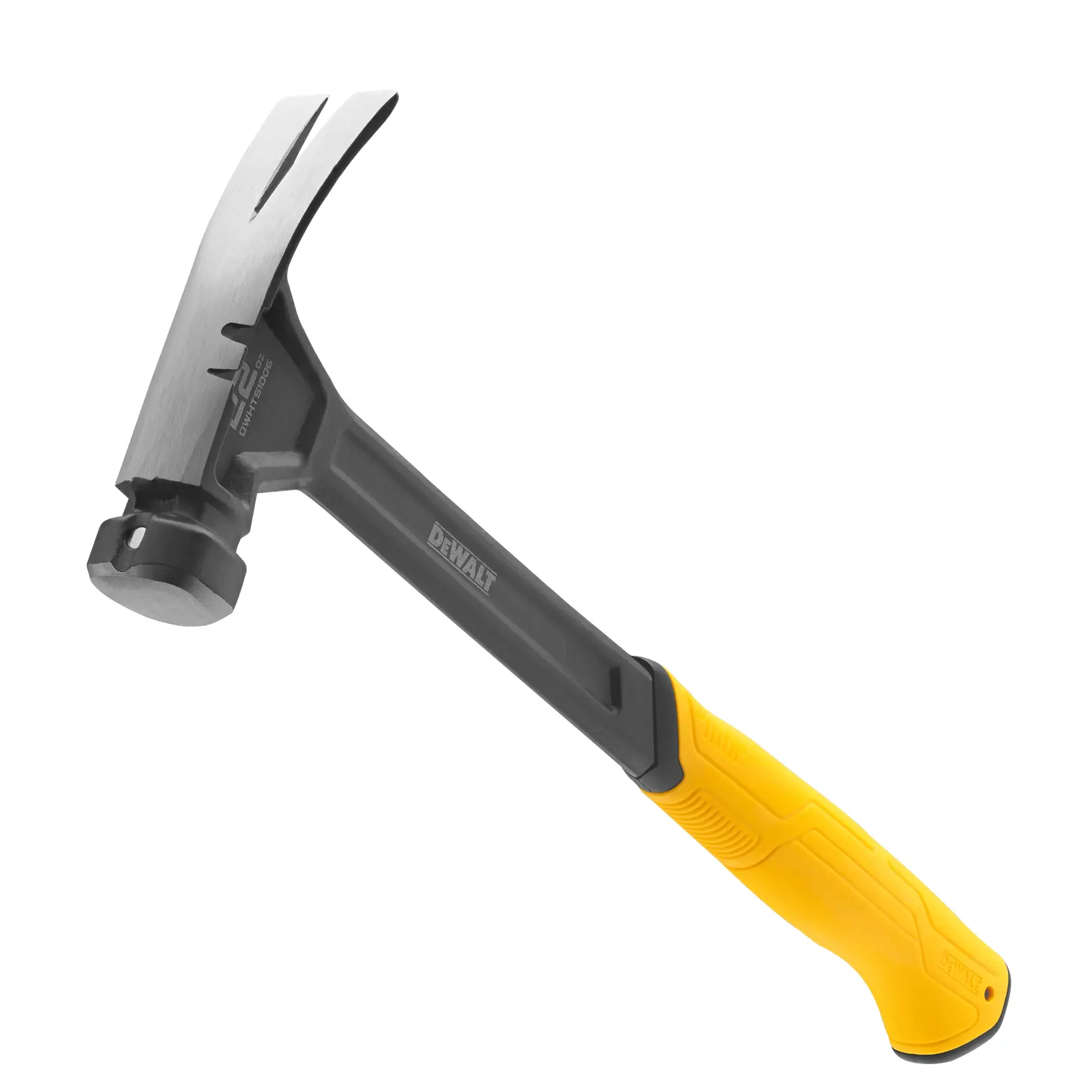 A DEWALT hammer with a yellow handle and a silver and black head, shown isolated on a white background.