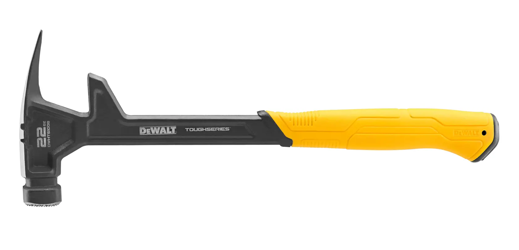 Un martillo DEWALT ToughSeries de 22 oz con cabeza y mango negros y empuñadura ergonómica amarilla, diseñado para trabajos pesados.