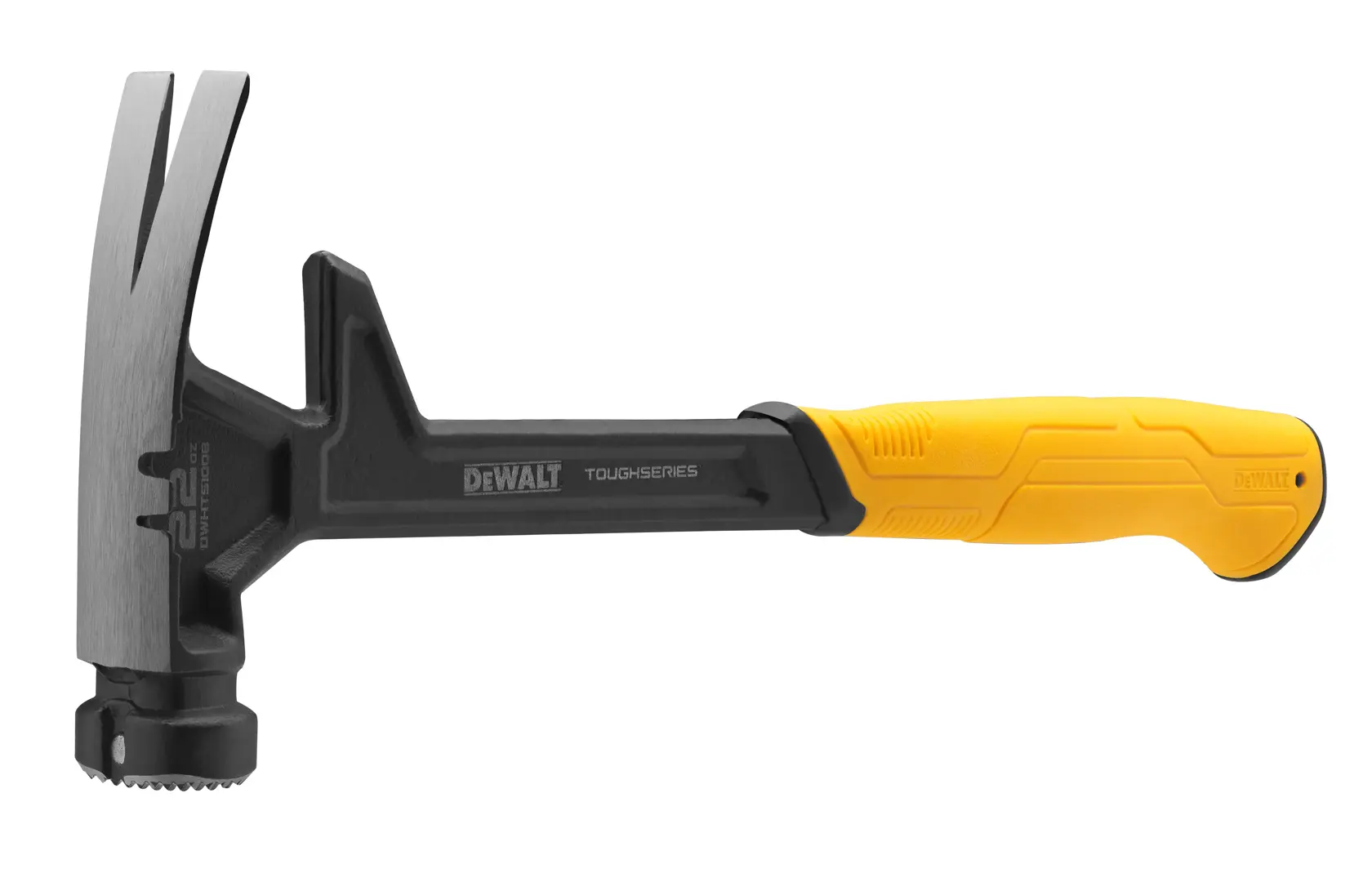 Un martillo DEWALT ToughSeries con mango amarillo y negro, y una cabeza de garra diseñada para clavar y quitar clavos.