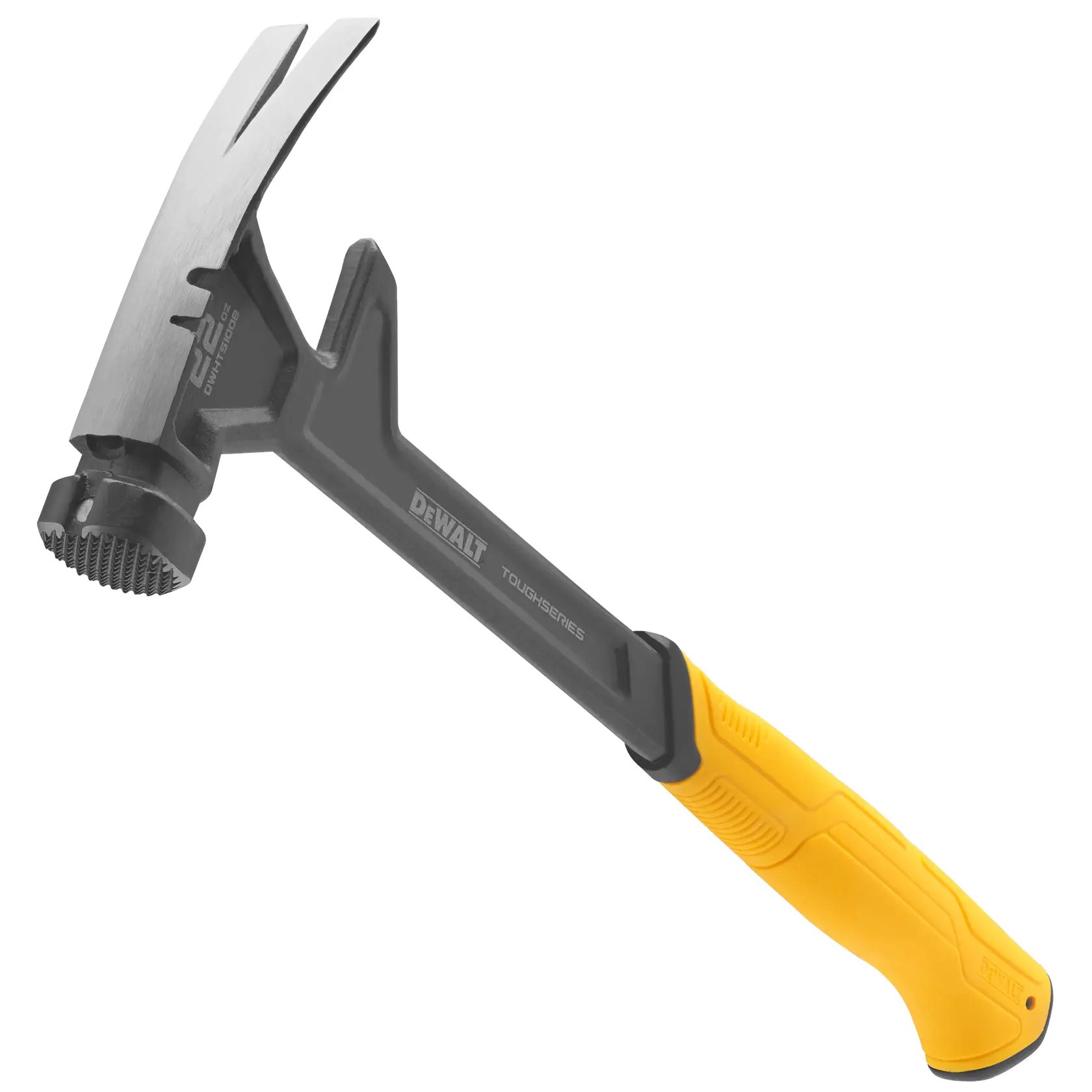 Un martillo de garra DEWALT Tough Series con mango negro y amarillo, cabeza de golpe texturizada y garra curvada para extraer clavos.