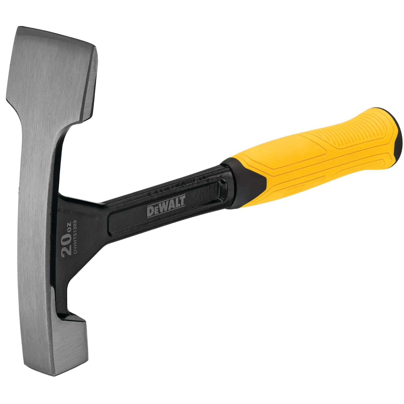 A DEWALT 20 oz hand tool with a yellow and black handle and a flat striking head, designed for professional construction use.
