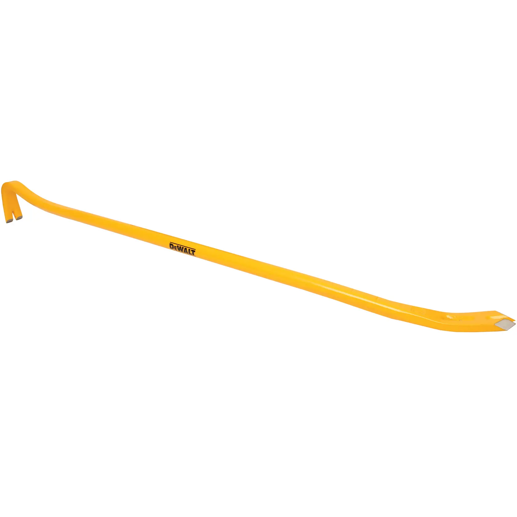 Un pied-de-biche jaune de marque DEWALT avec une extrémité plate et une extrémité inclinée, utilisé pour des travaux de démolition et de levage.