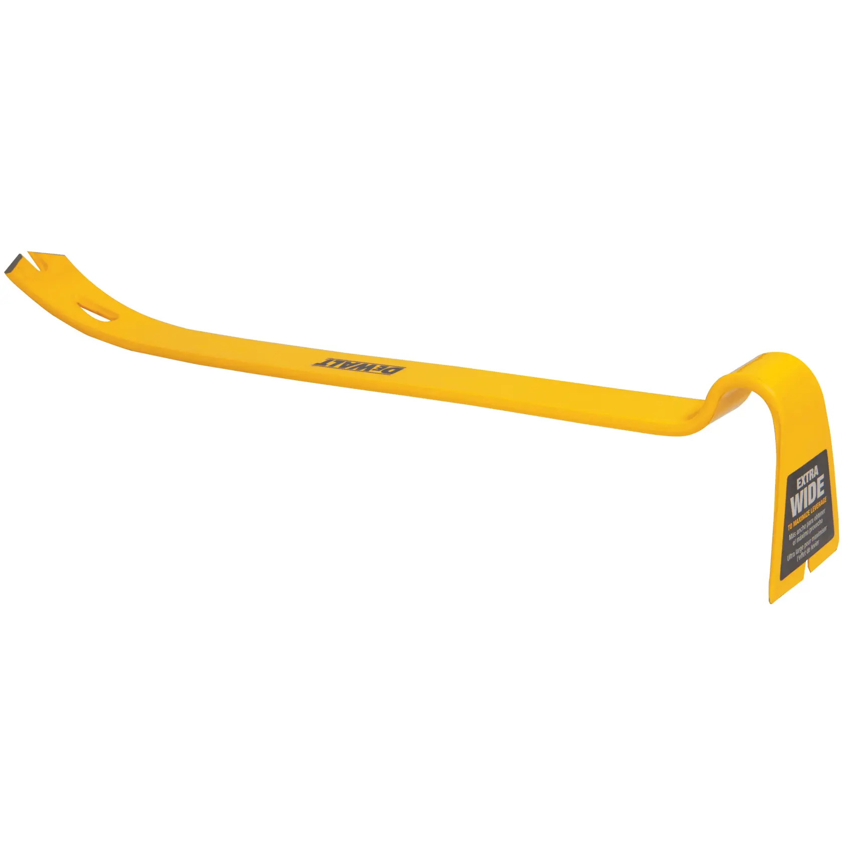 Un pied-de-biche jaune de marque DEWALT avec une extrémité courbée et une griffe plate, conçu pour les tâches de démolition et de levage.