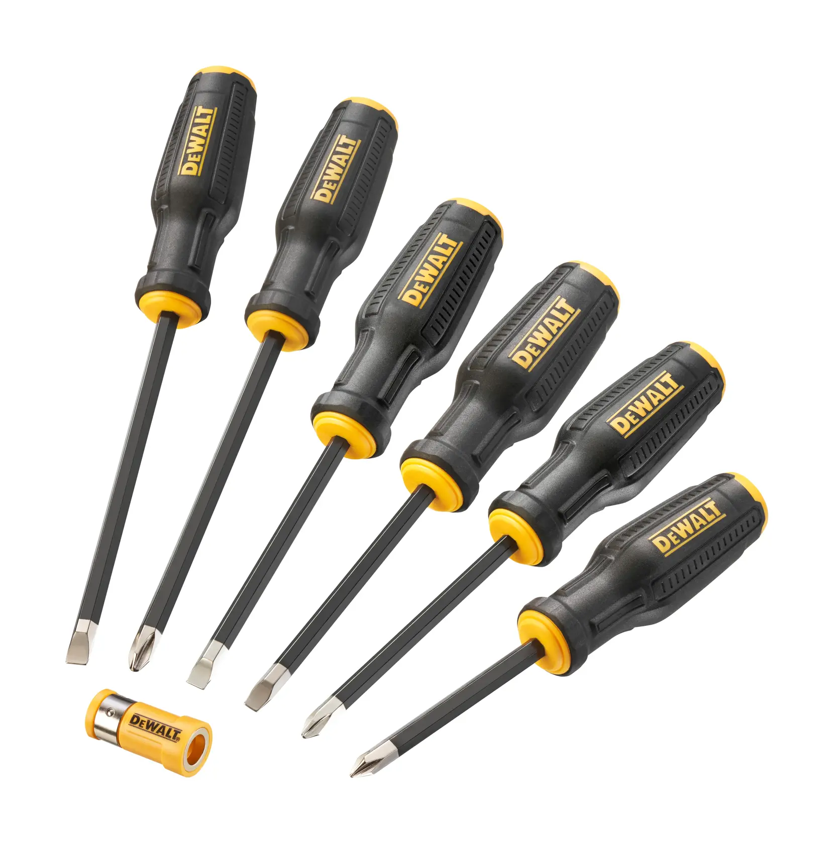 A set of six DEWALT screwdrivers with black and yellow handles, and one yellow and silver accessory, all arranged on a white background.