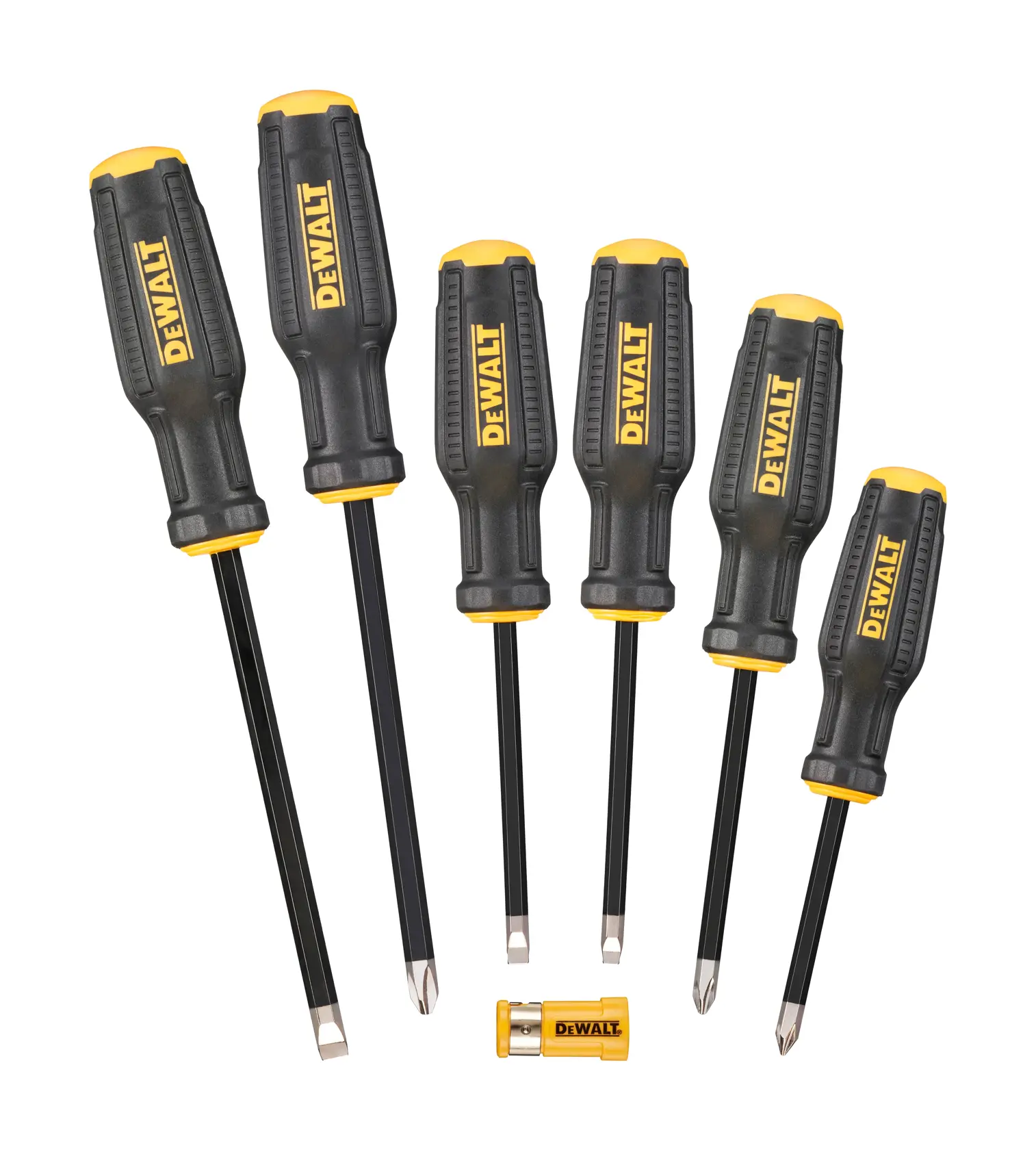 A set of seven DEWALT screwdrivers with black and yellow handles, arranged in a row. The set includes different sizes of flathead and Phillips head screwdrivers, plus a small yellow DEWALT-branded bit holder.