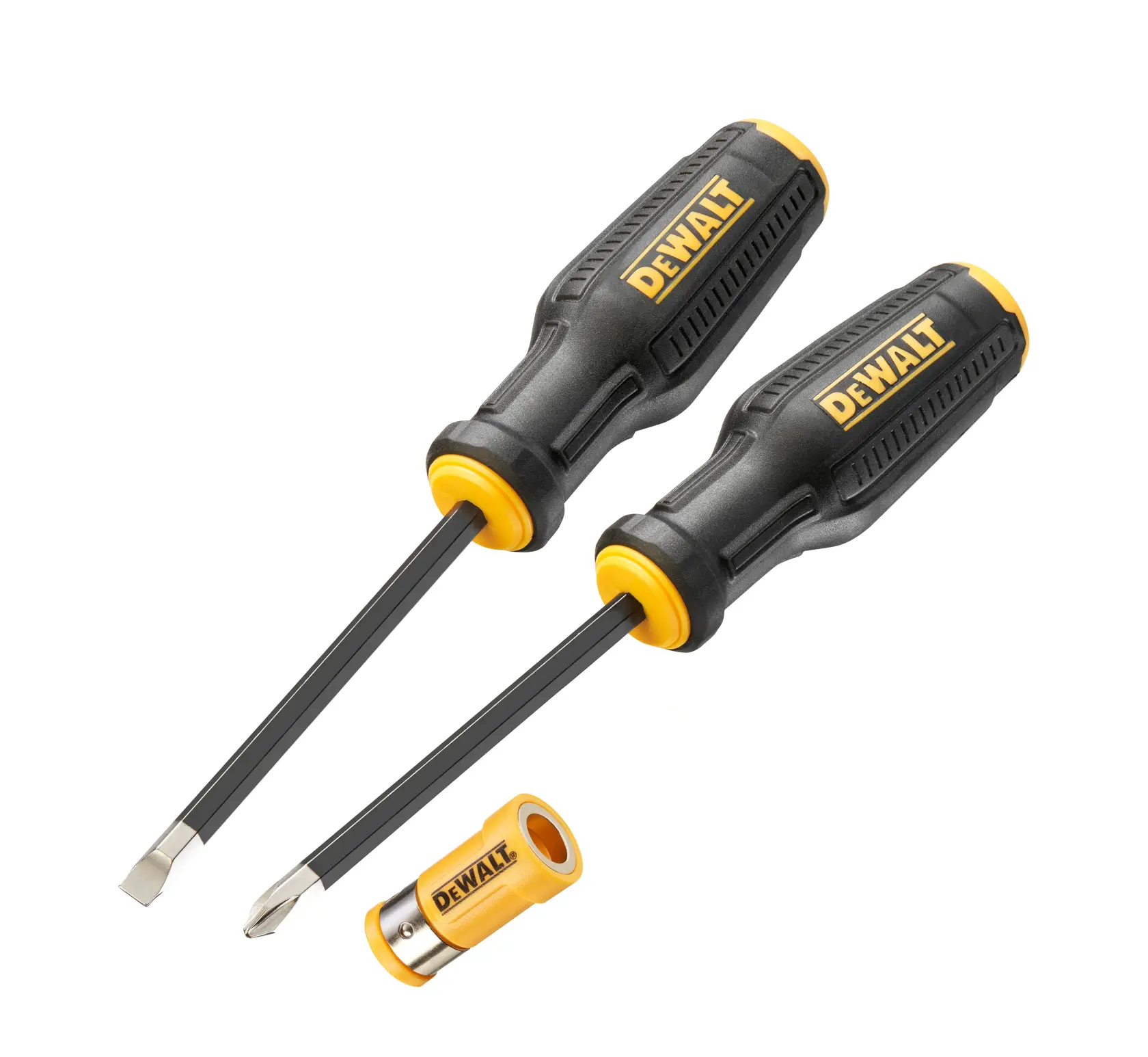 Two black and yellow DEWALT screwdrivers with ergonomic handles and a yellow and silver DEWALT accessory, all placed on a white background.