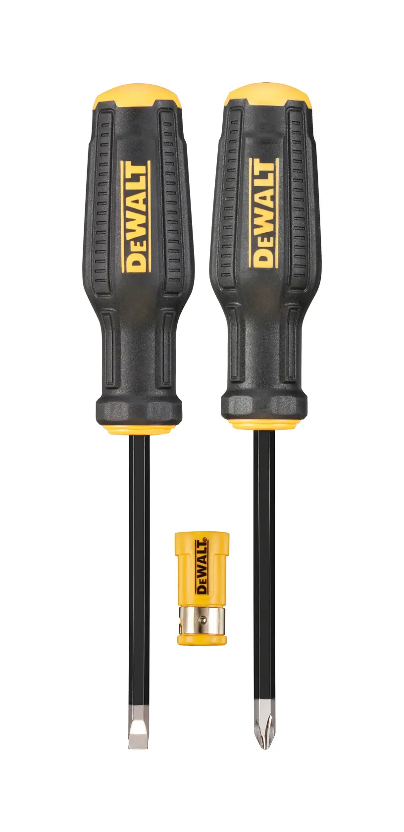 Two DEWALT screwdrivers with black and yellow handles and a yellow DEWALT bit holder, all displayed on a white background.