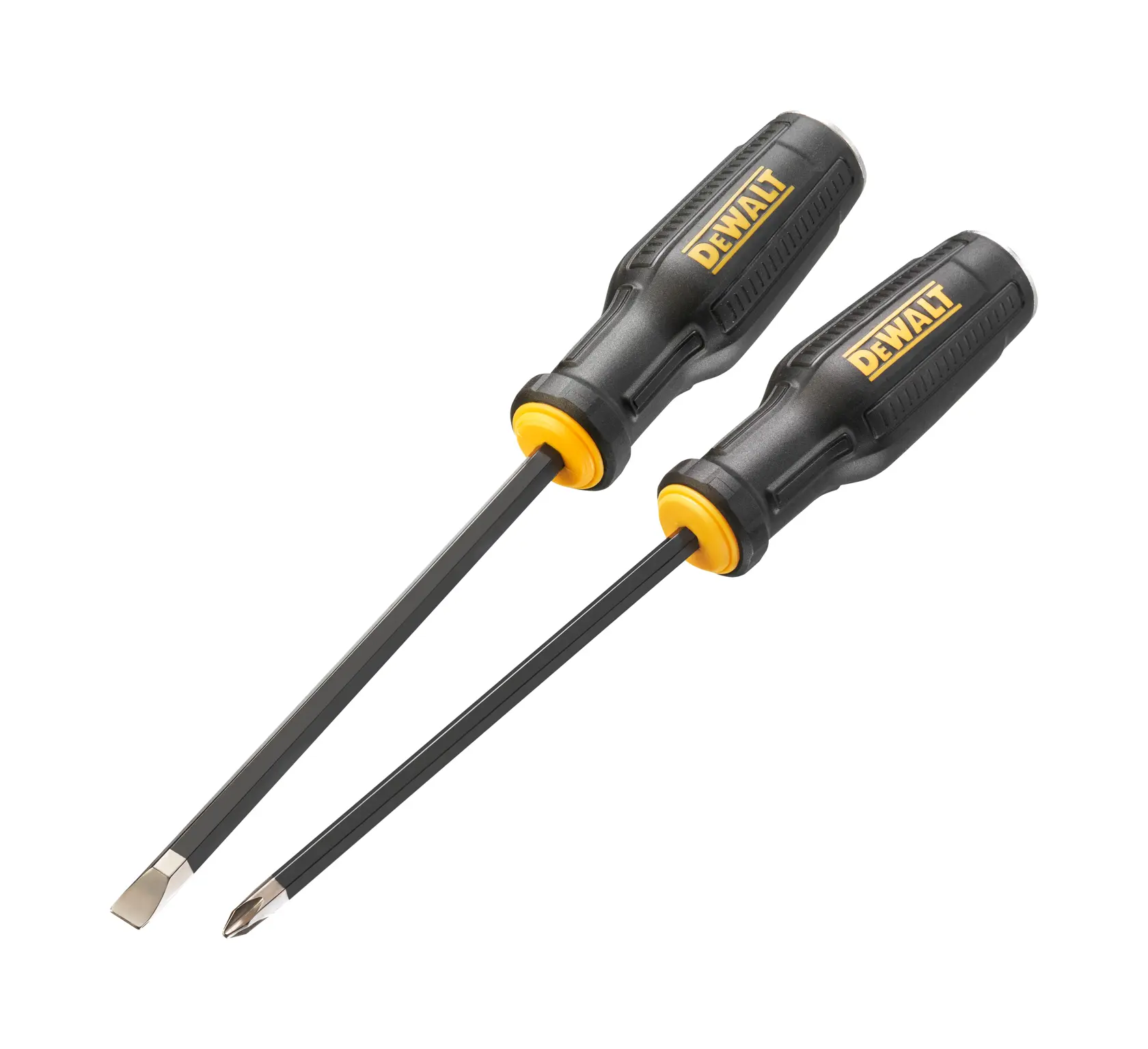 Two DEWALT screwdrivers with black and yellow handles, one with a flat head and one with a Phillips head, shown side by side.