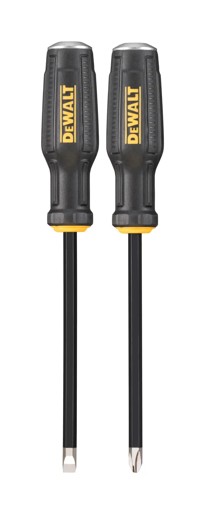 Two DEWALT screwdrivers with black and yellow handles, one with a flat head and one with a Phillips head.