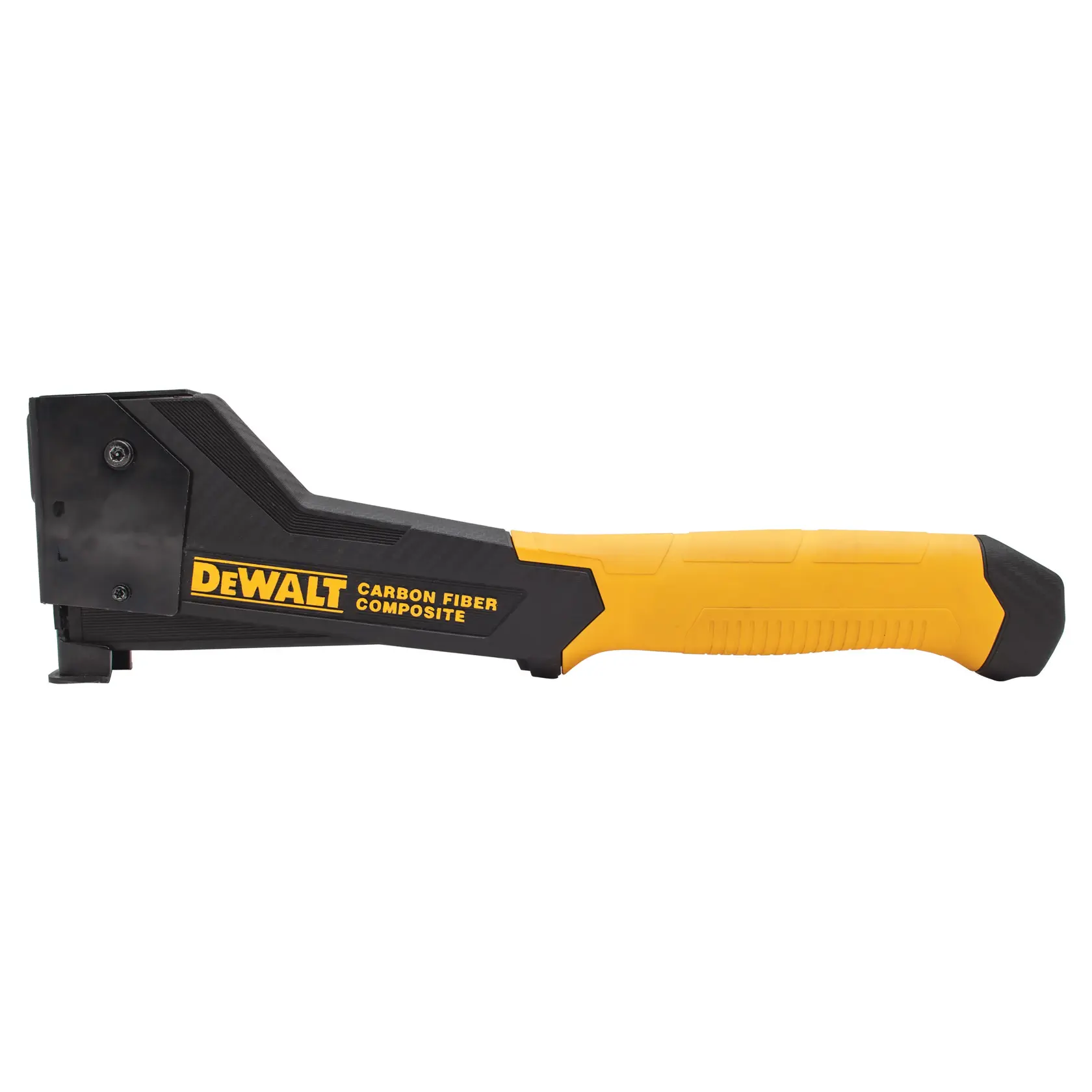 A DEWALT carbon fiber composite hammer tacker with a yellow and black handle, shown in a side view.