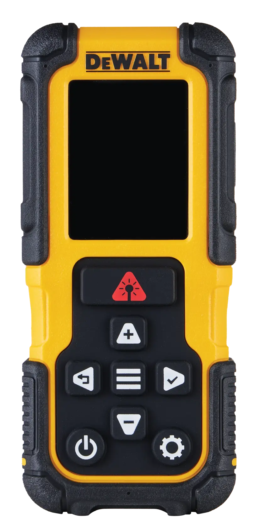 Medidor láser de distancia DEWALT amarillo con pantalla digital y varios botones de función.