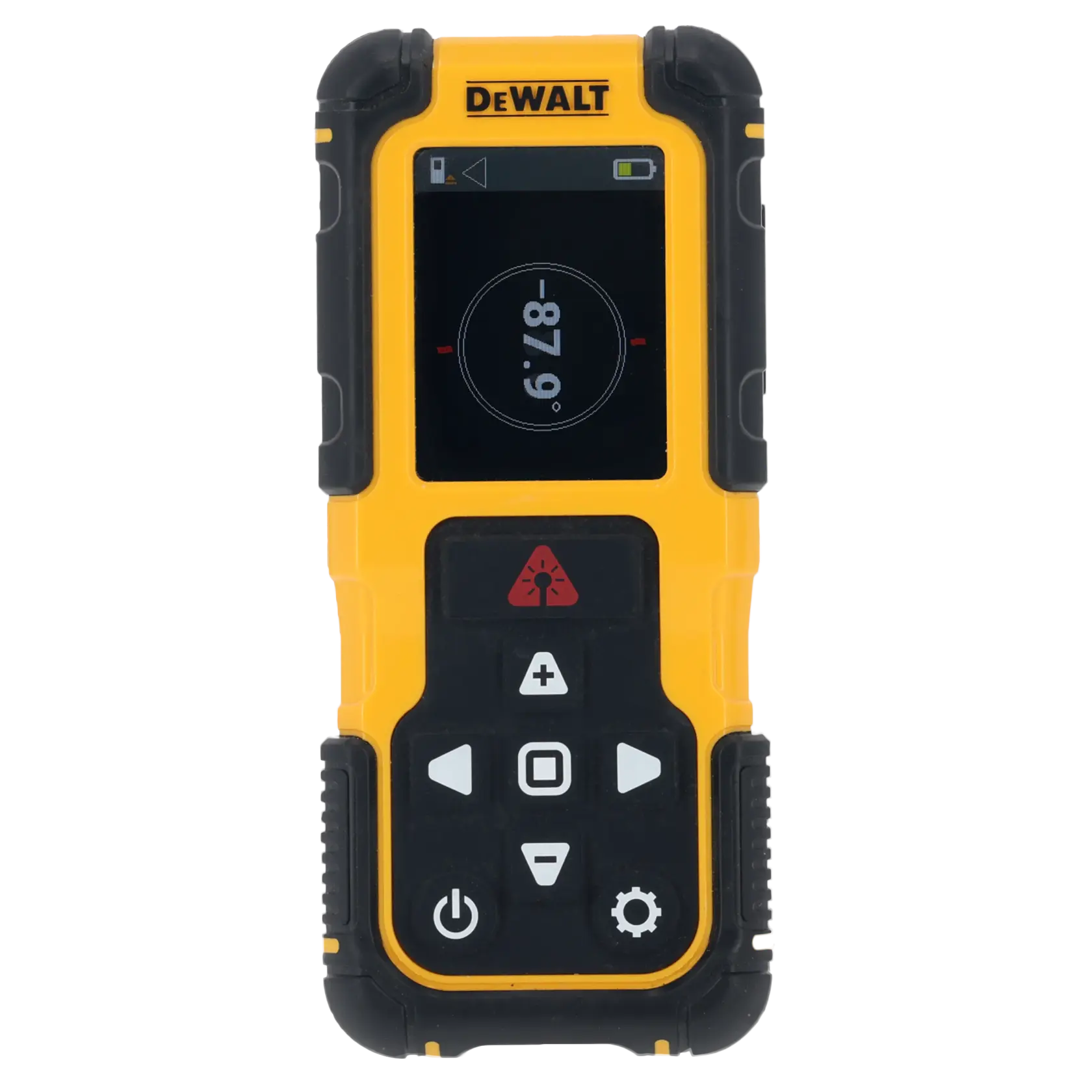 DEWALT digital angle finder with black and yellow body, control buttons, and display screen showing measurement.