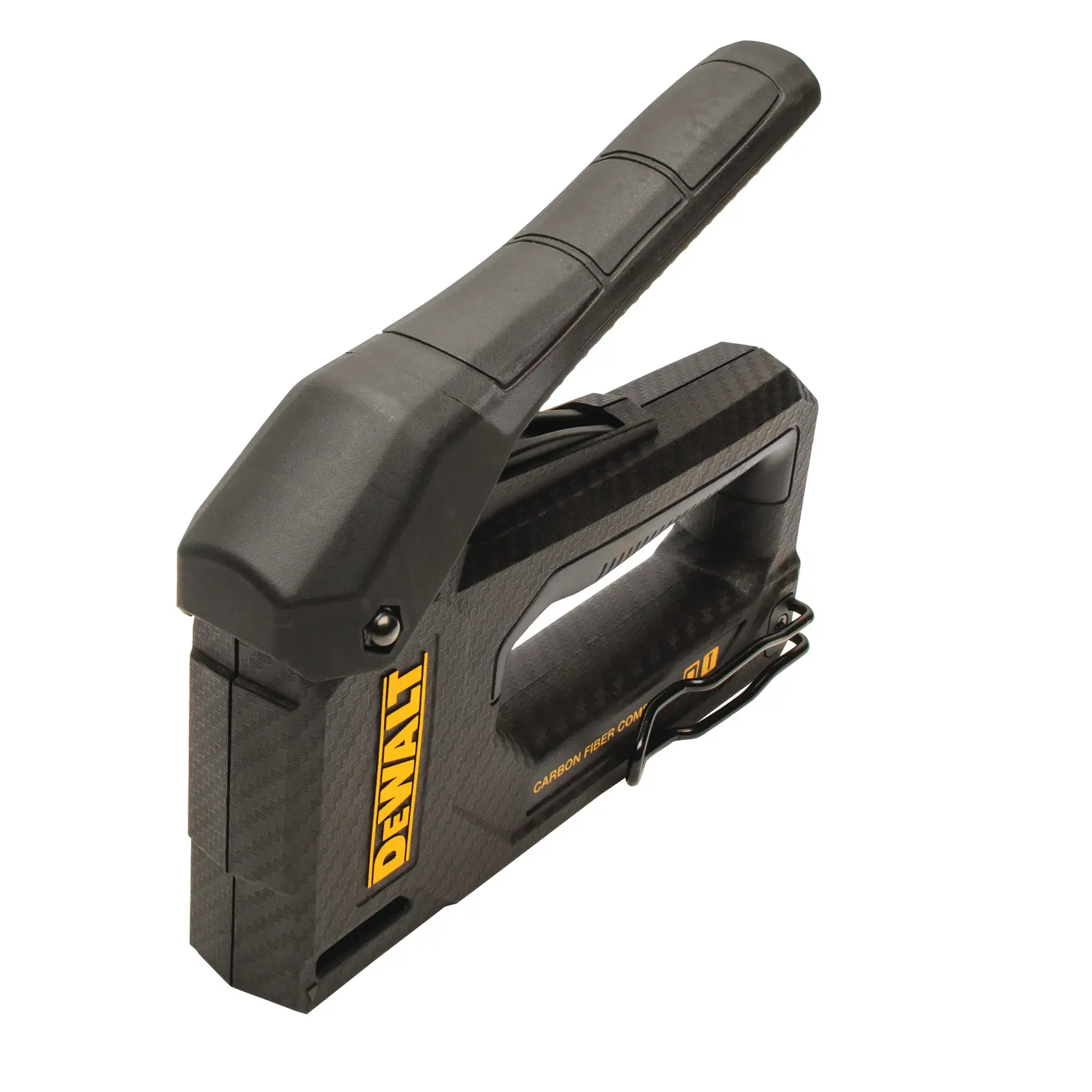 A DEWALT carbon fiber staple gun with a black and yellow design, featuring an ergonomic handle and visible branding on the side.