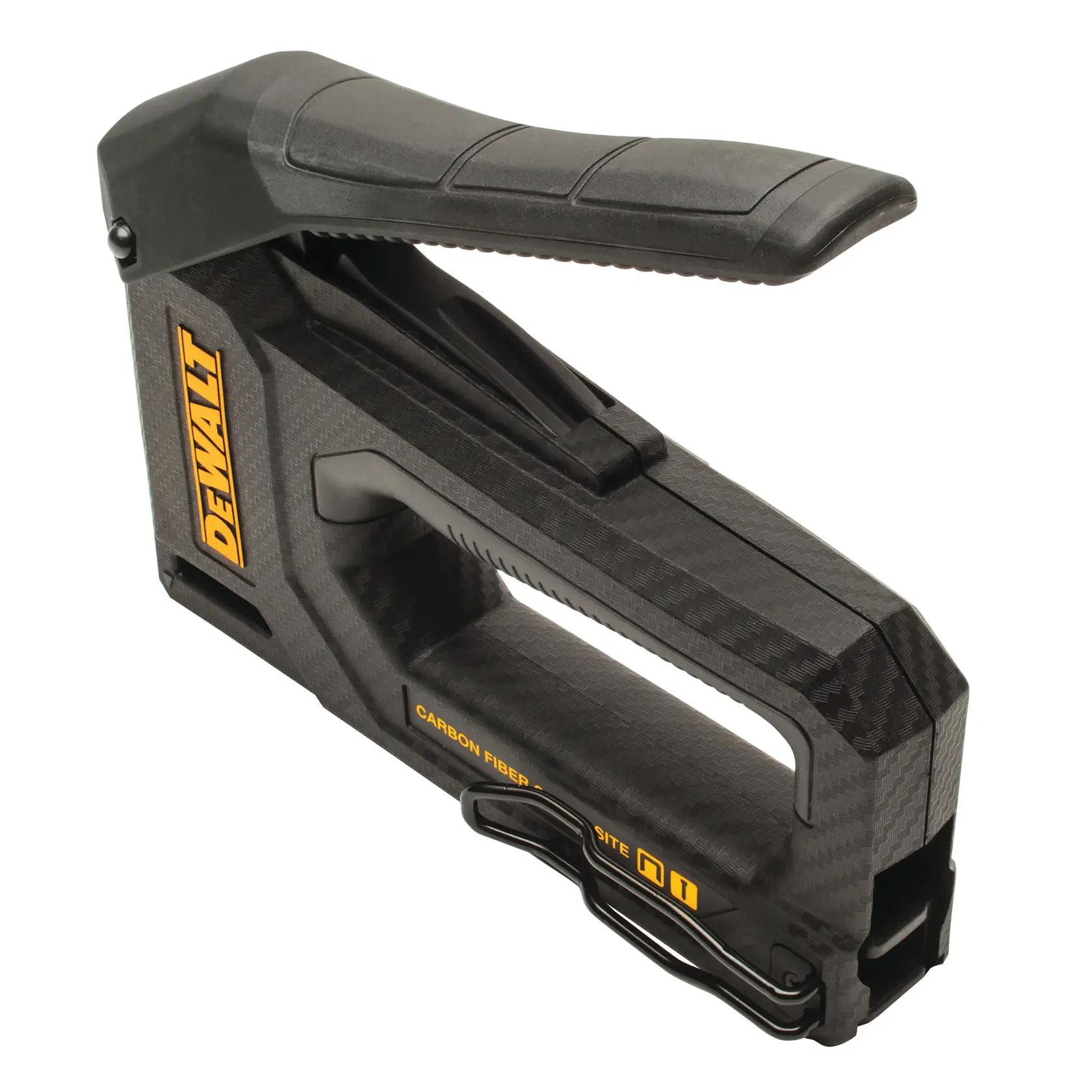 A gloved hand using a DEWALT carbon fiber staple gun to fasten material on a speckled surface.