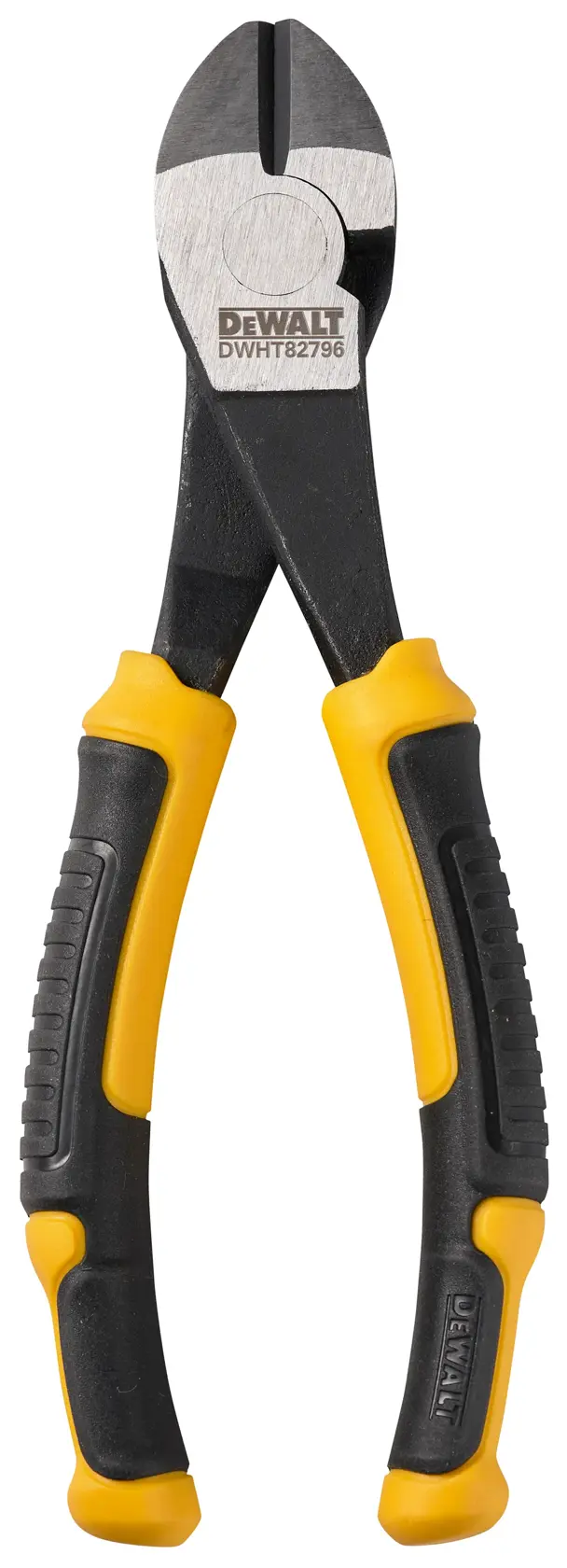 Unas pinzas de corte diagonal DEWALT con mangos ergonómicos negros y amarillos, modelo DWHT82796-0, mostradas sobre fondo blanco.