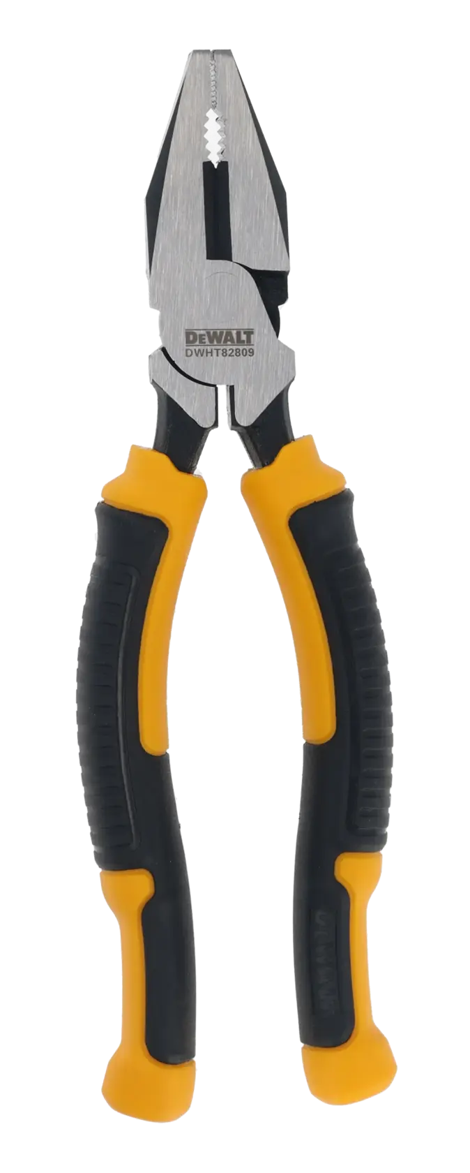 Alicate combinado DEWALT con mangos ergonómicos amarillo y negro, para agarrar y cortar.