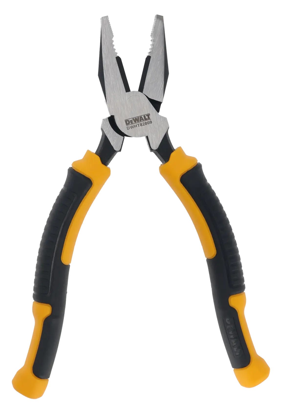 Alicate DEWALT con mangos ergonómicos amarillo y negro, mandíbulas cerradas, sobre fondo blanco.