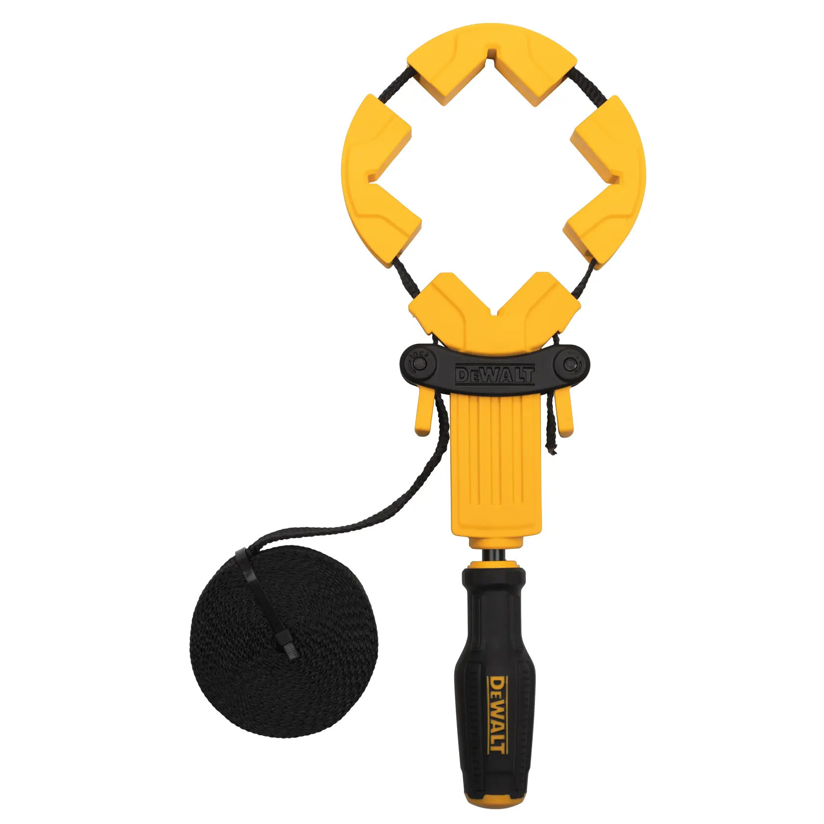 Herramienta de sujeción DEWALT amarilla con mango negro y cuerda para objetos circulares.