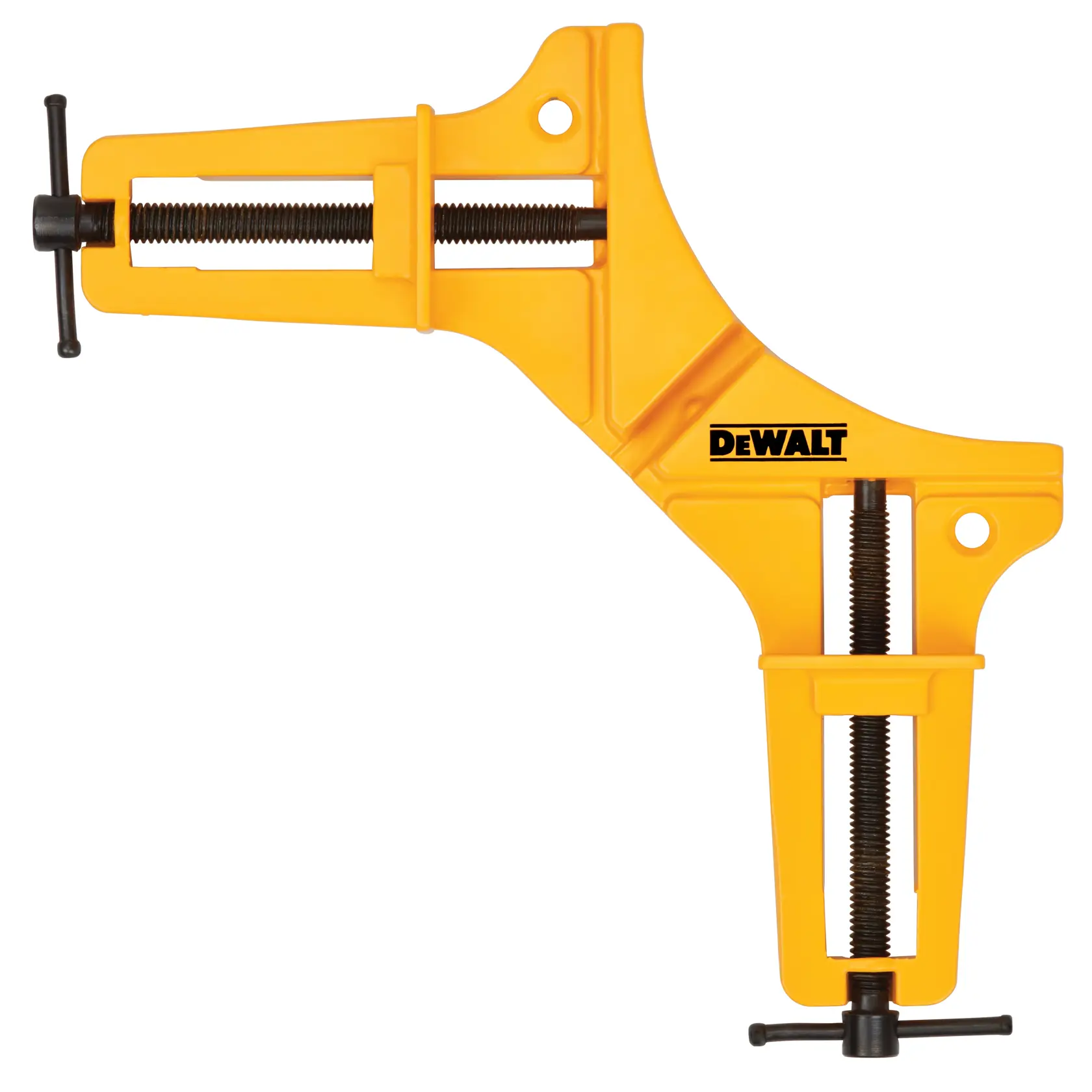 A yellow DEWALT corner clamp, used for holding two materials at a 90-degree angle. The clamp has two black threaded screws with handles for tightening and securing the materials, and features the DEWALT logo.
