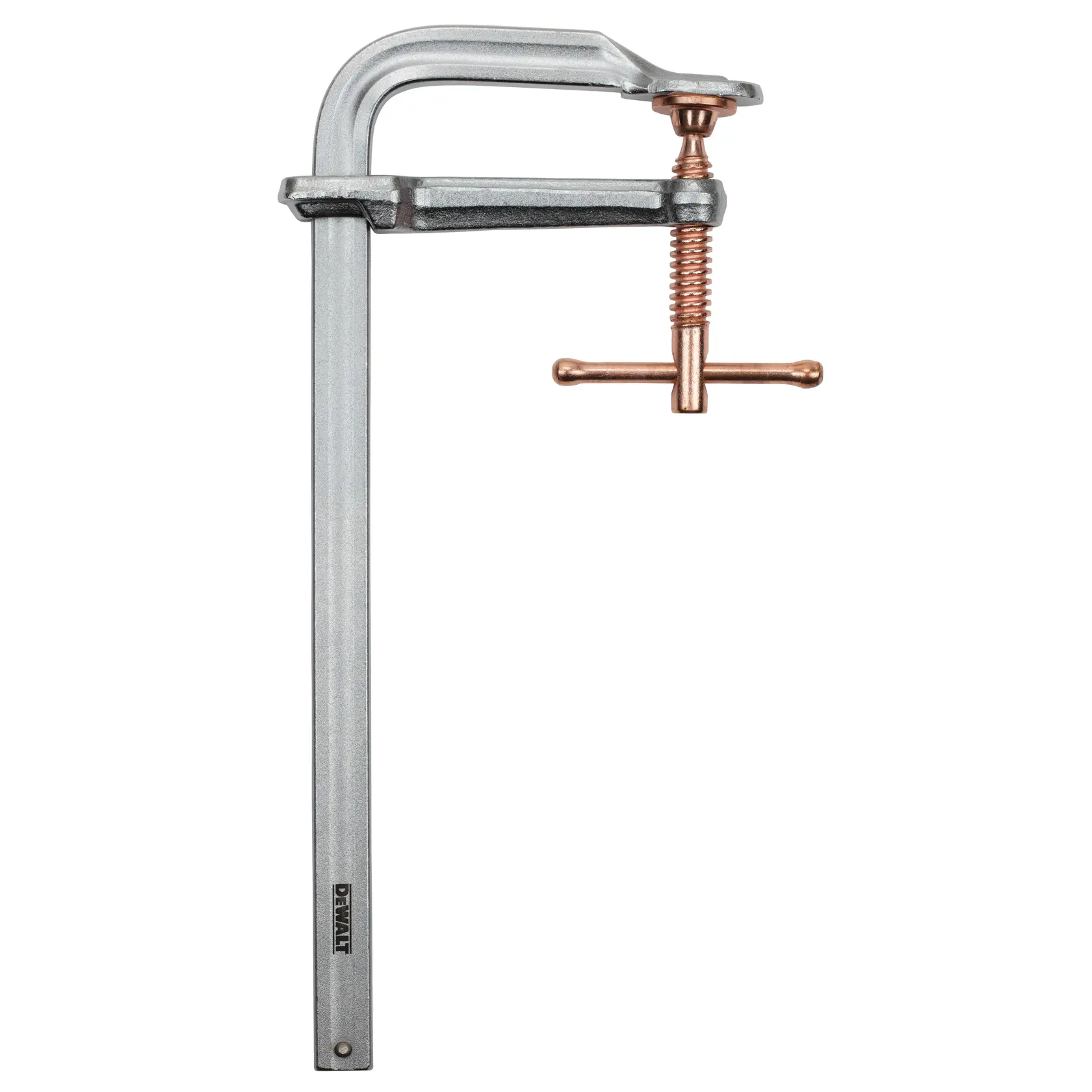 A DEWALT F-clamp with a metallic silver frame and a copper-colored screw handle, used for securing materials in woodworking or metalworking tasks.