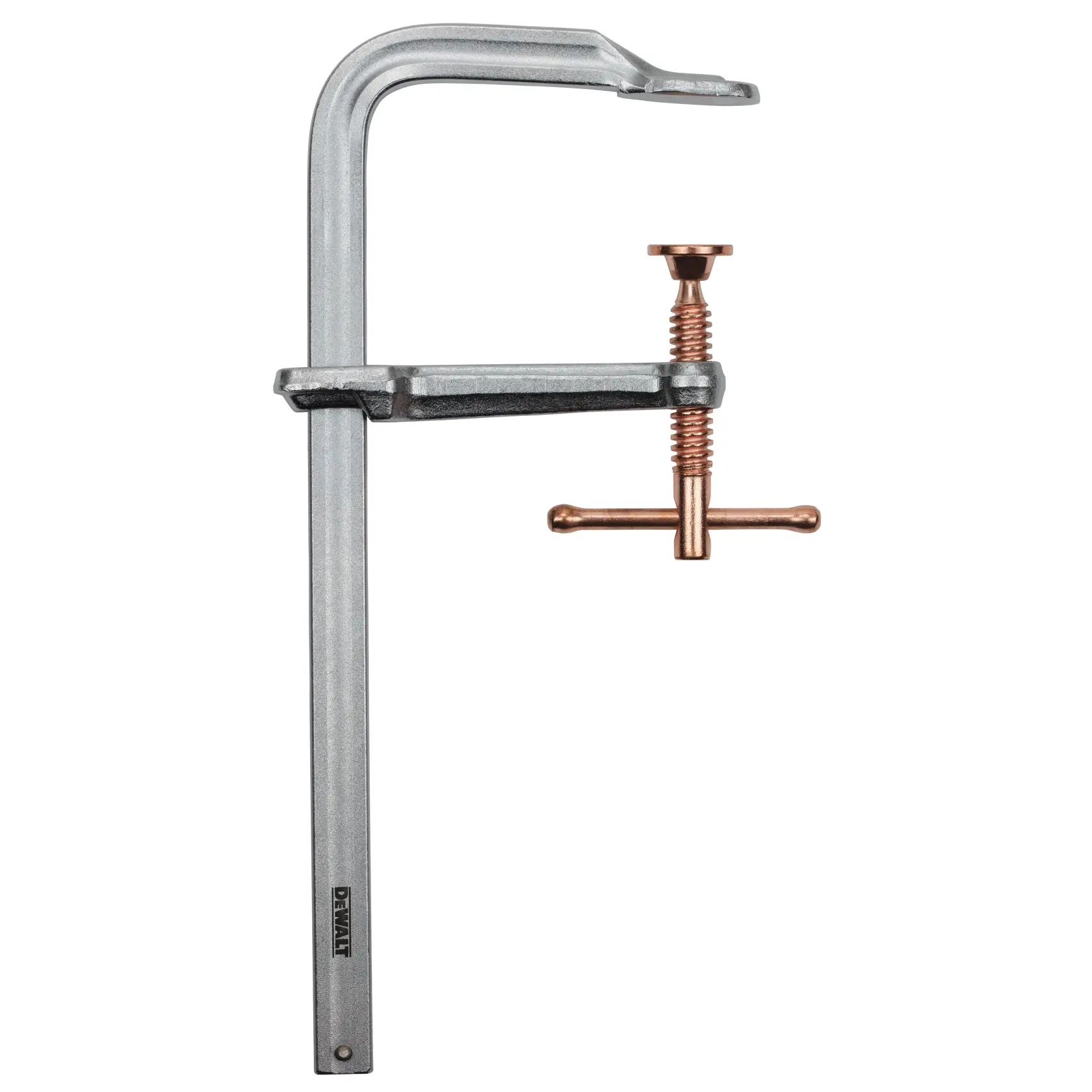 A DEWALT F-clamp with a metallic silver frame and a copper-colored screw handle, used for securing materials in woodworking or metalworking tasks.