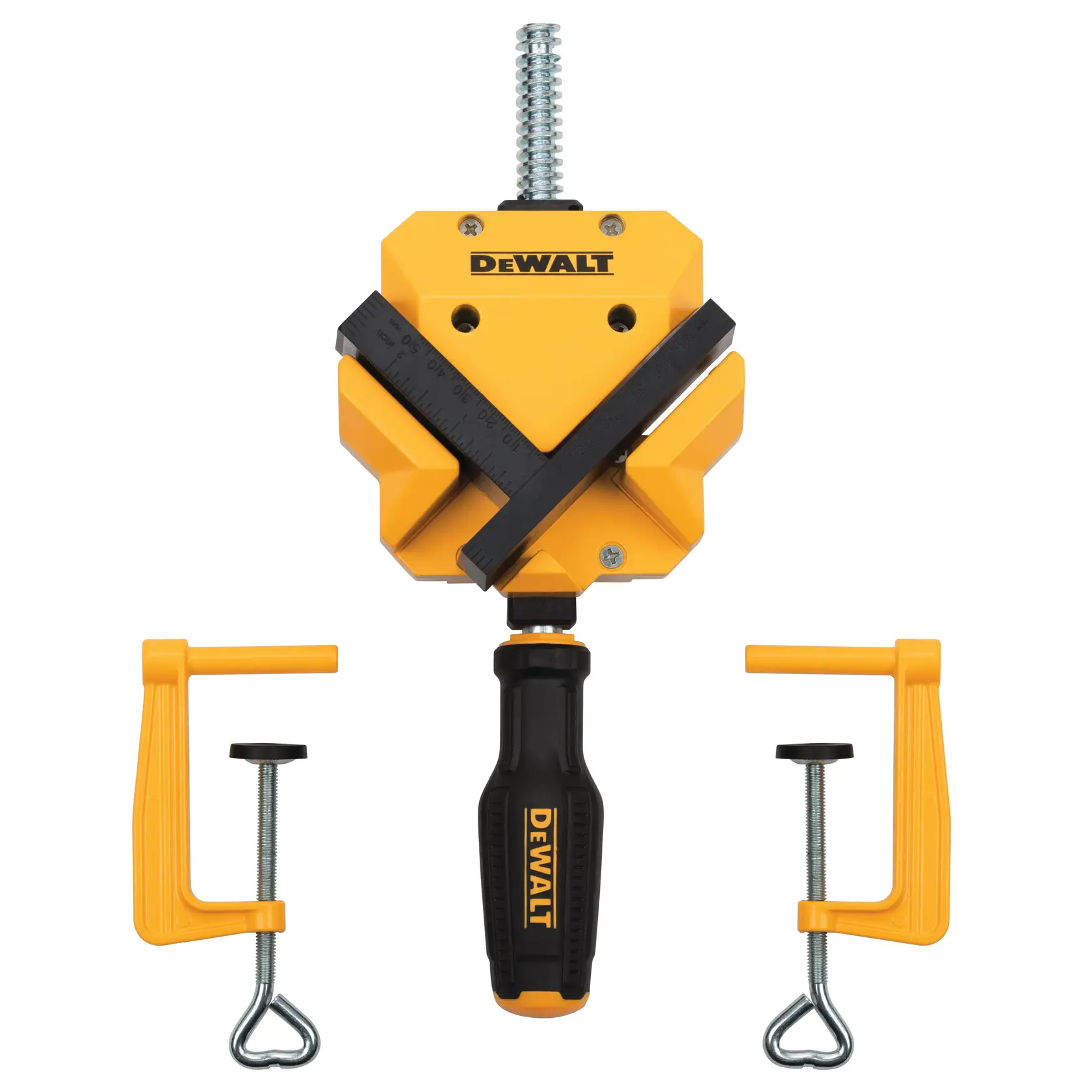 DEWALT photography clamp set with a main clamp and two side clamps, yellow and black, shown on white background.