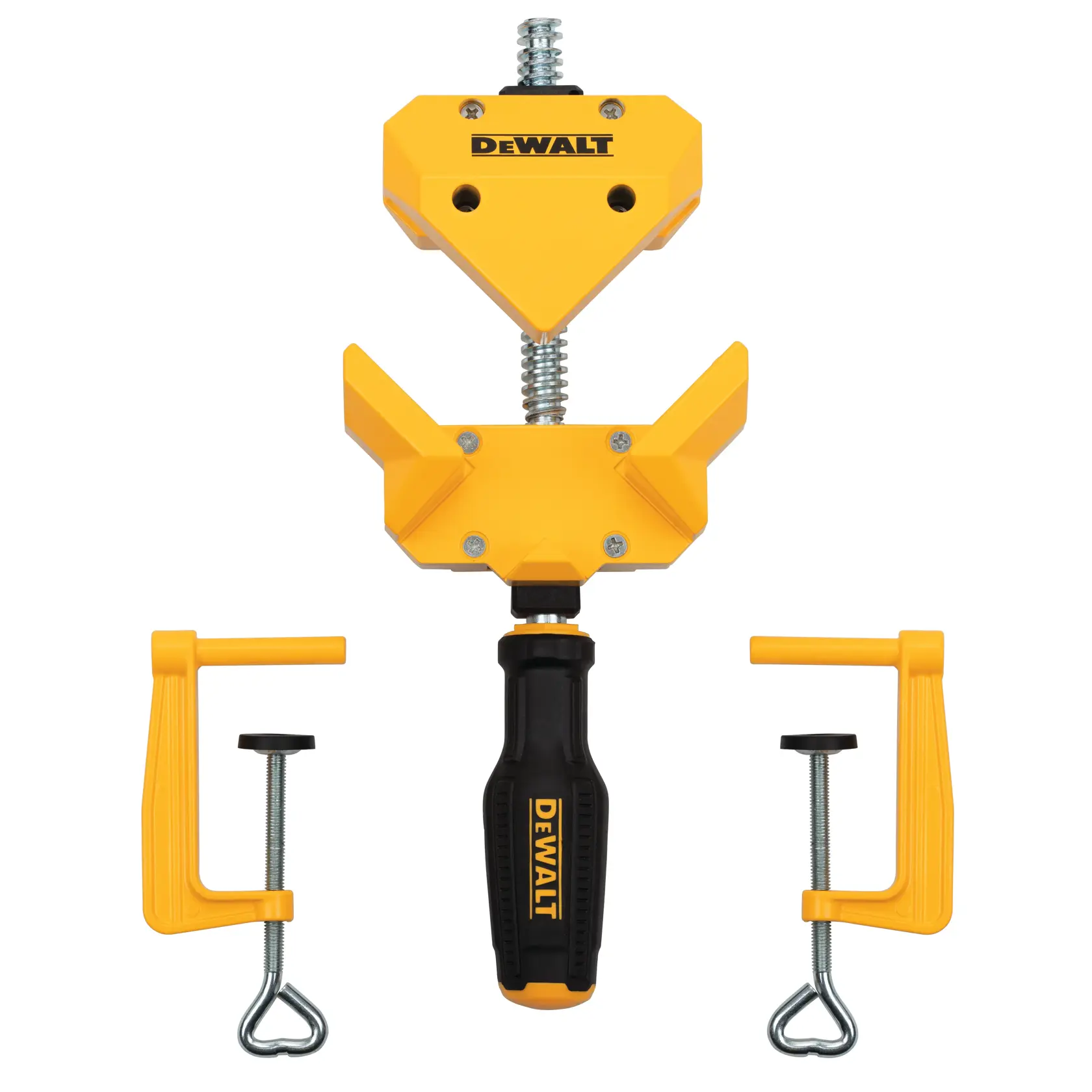 DEWALT photography clamp set with a main clamp and two side clamps, yellow and black, shown on white background.