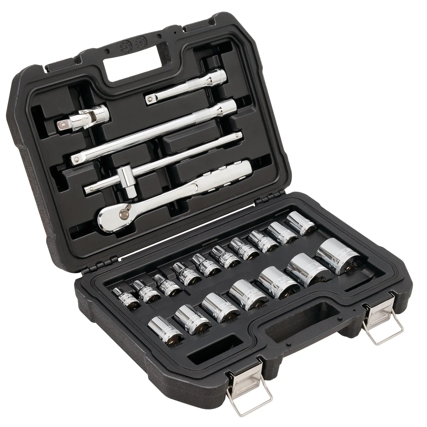 A DEWALT socket and ratchet tool set in a black hard case, containing various sockets and attachments.