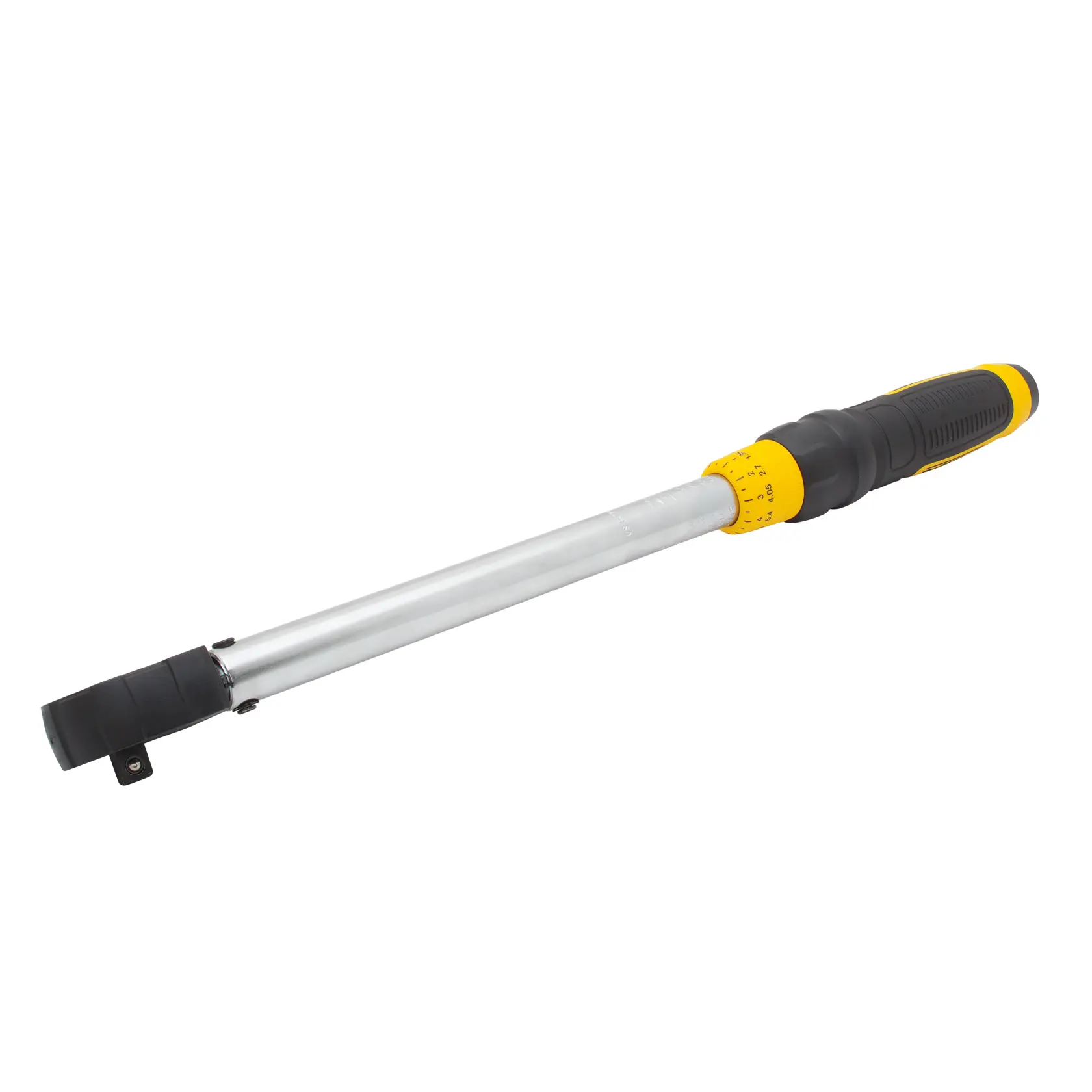 A DEWALT torque wrench with a black and yellow handle and a long metallic shaft, used for precise tightening of bolts and nuts.