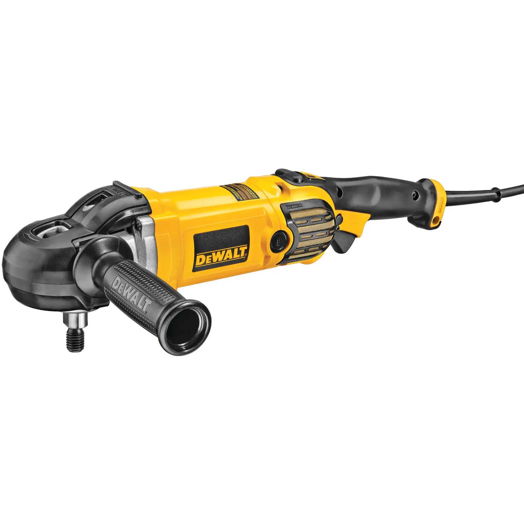 Pulidora eléctrica DEWALT amarilla y negra con mango lateral y cable, modelo DWP849X.