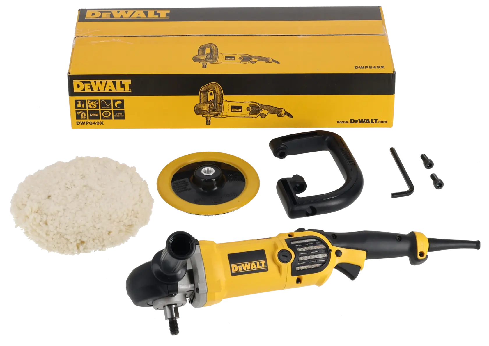 Kit pulidora DEWALT DWP849X mostrado con caja amarilla y negra, máquina pulidora, almohadilla de lana, plato de respaldo, mango, llave y dos tornillos.
