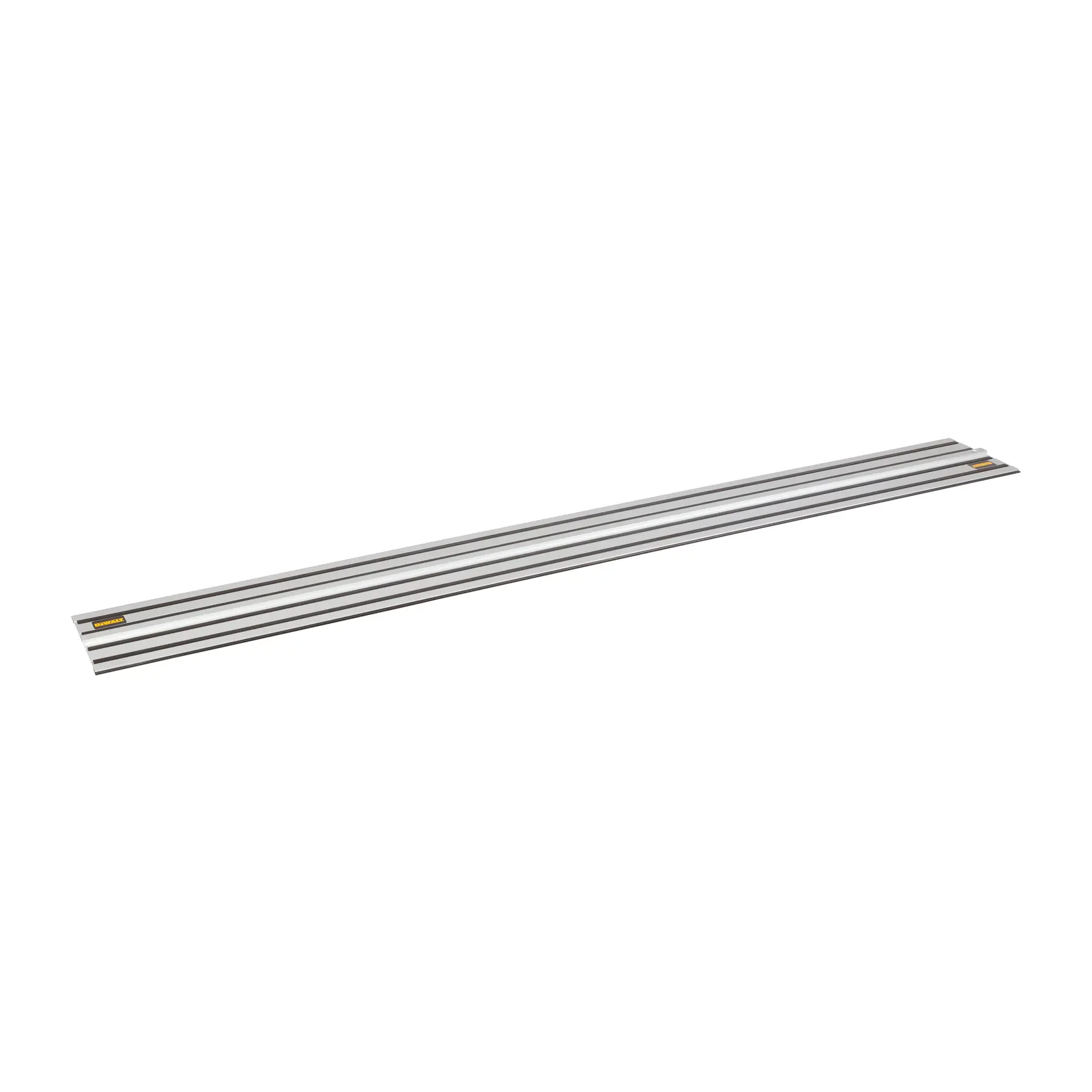 A DEWALT metal guide rail for a saw, shown on a white background. It is long with parallel grooves.